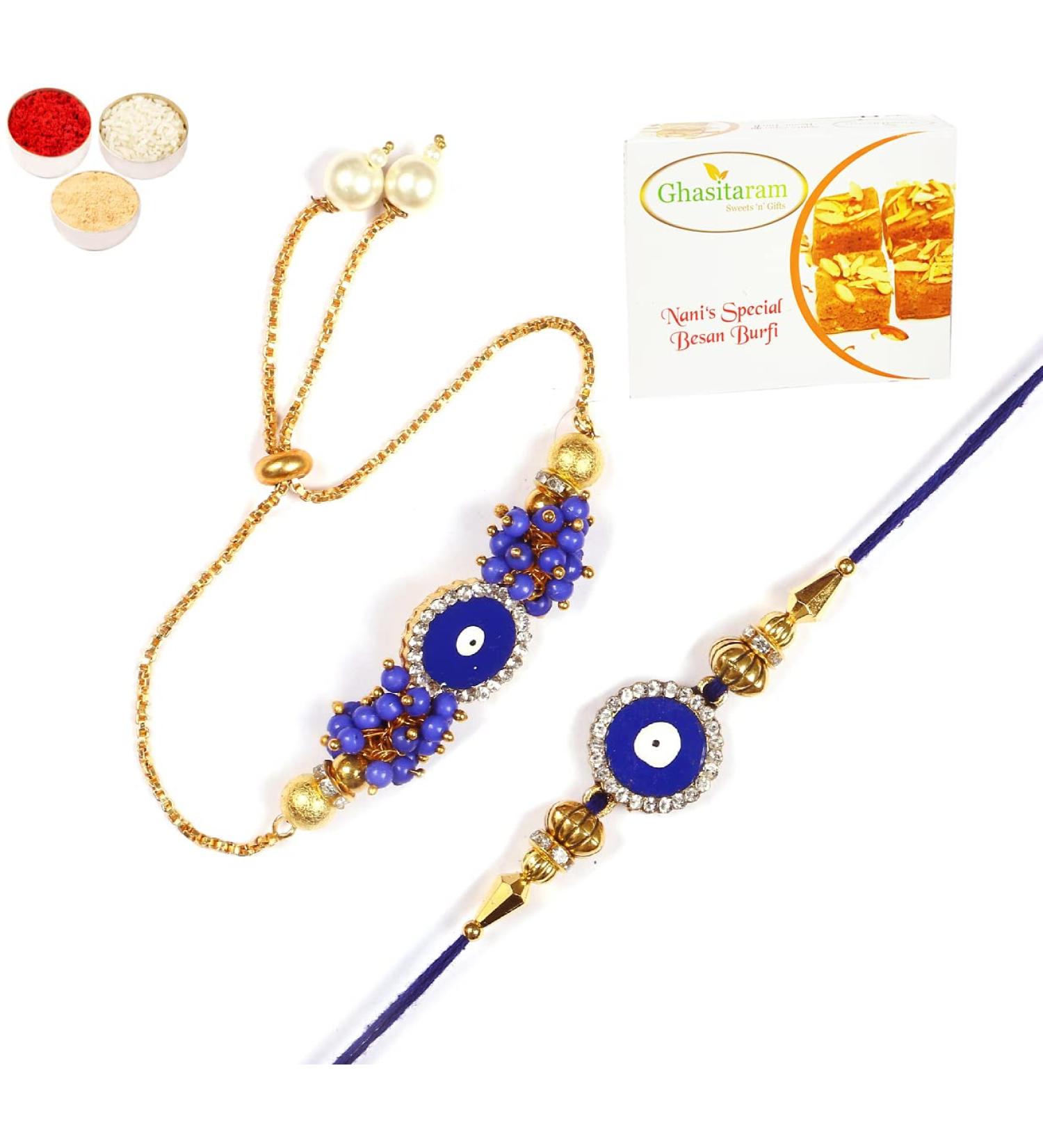 Ghasitaram Gifts Rakhis Online - Rakhi for Brother-KB-7 Bhaiya Bhabhi Rakhi with 200 GMS of Besan Barfi Rakhi Set with 200 gms of Besan Barfi - Buy Online on GoSupps.com
