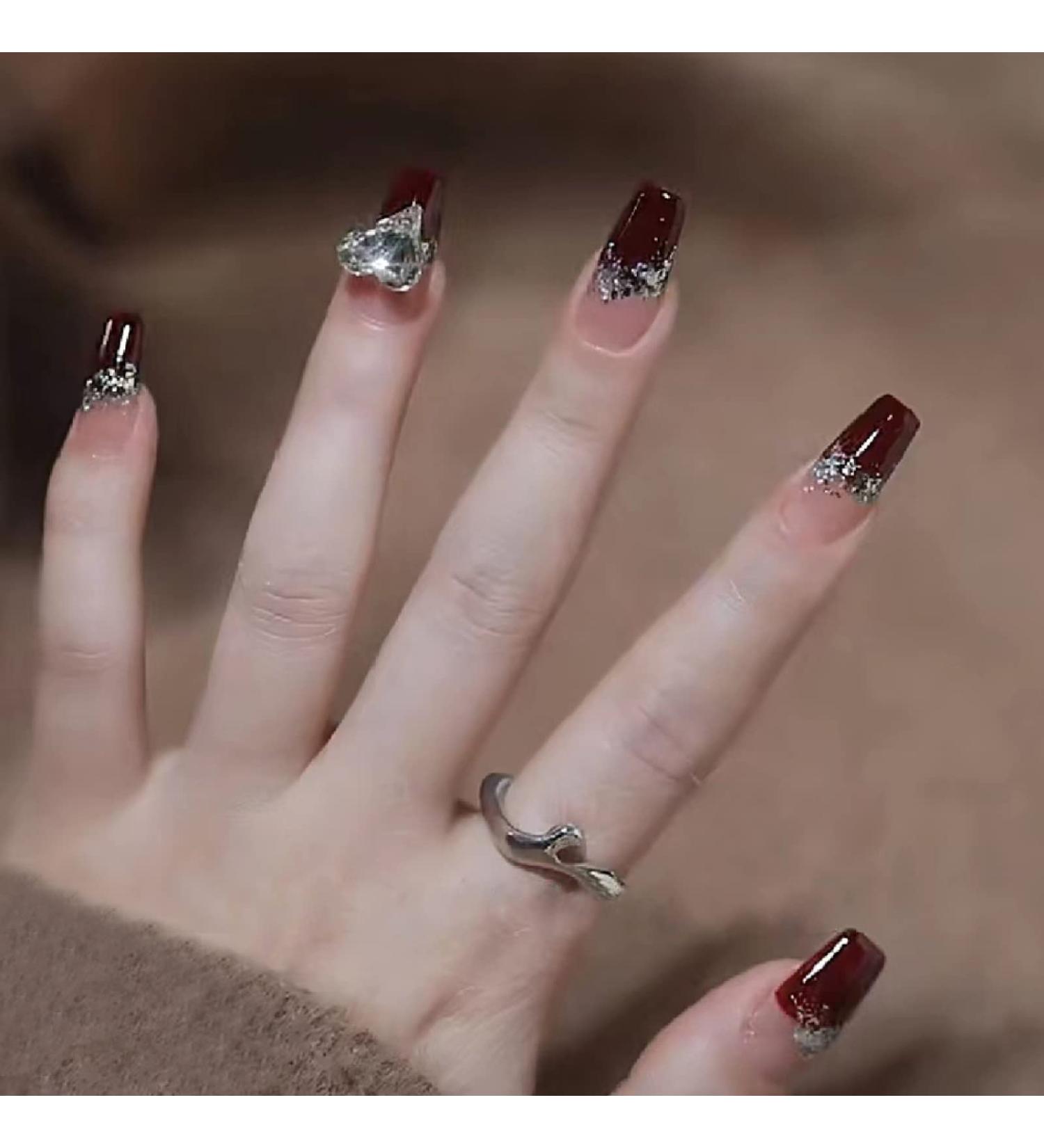 Black Flame Love Heart Bow with Diamond Shining Pearl Cute Cat 24pc False Nails Wearable Fake Nails Set Press On Nail with Glue QXJ-165