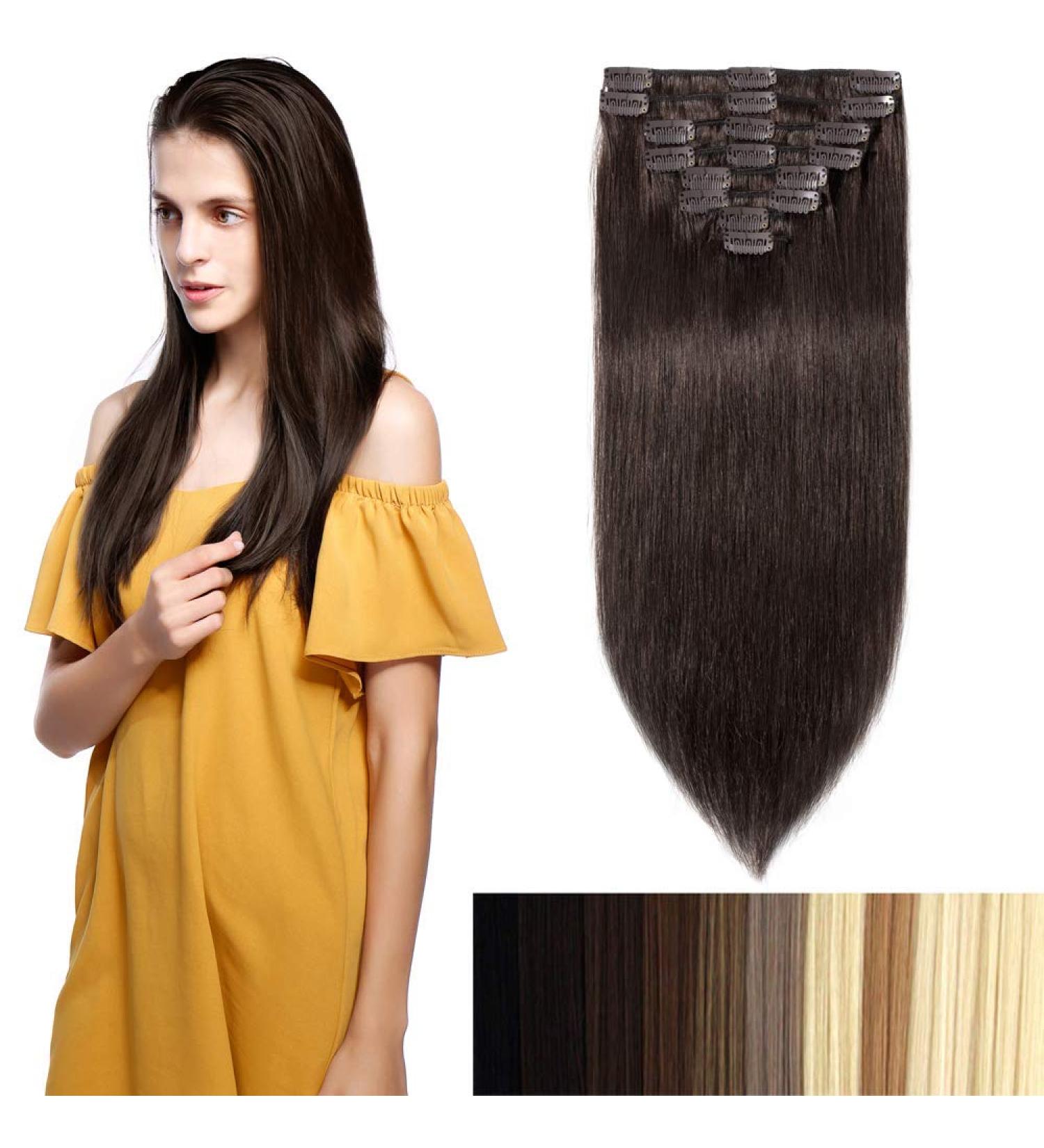 Clip In Extensions - Real Remy Human Hair 8pcs 18clips 90g 40cm Dark Brown (#2) - Premium Quality Hair Extensions - Buy Online on GoSupps.com