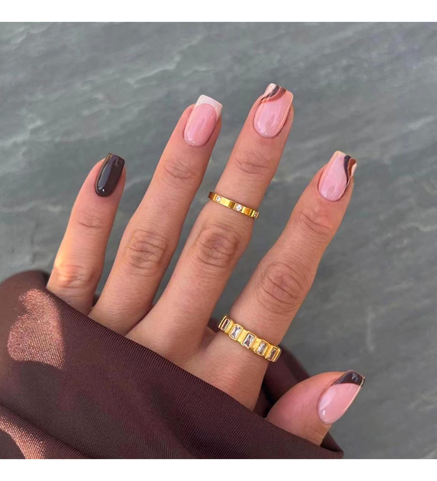 24Pcs Short Square French False Nails Tips Glossy Wave Design - Brown Wave Stick on Nails for Women and Girls - Buy Online on GoSupps.com