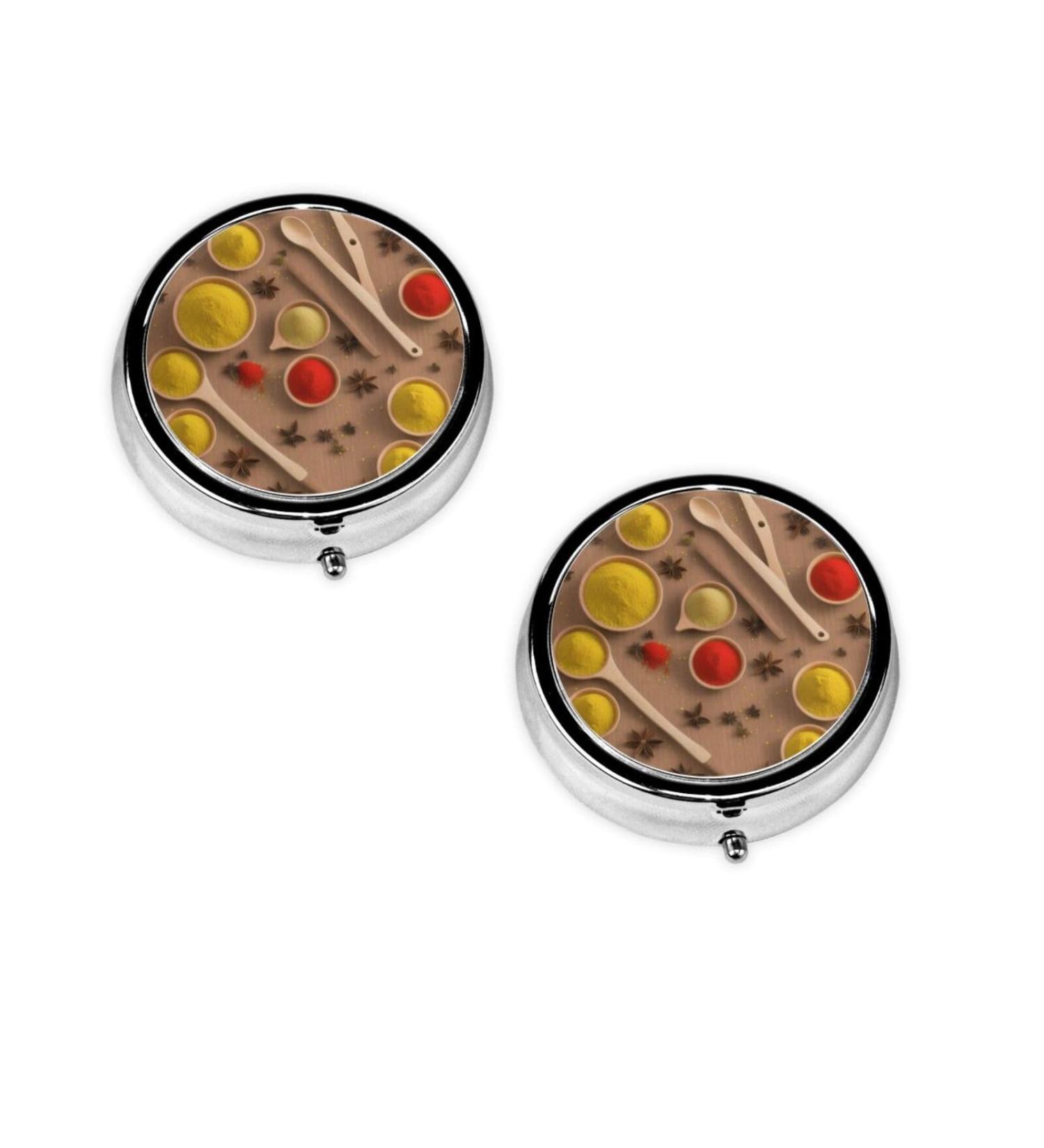 Mini Round Pill Box with Seasoning Print - 3 Compartment Portable Pill Organizer for Travel Home & Office - Buy Online on GoSupps.com