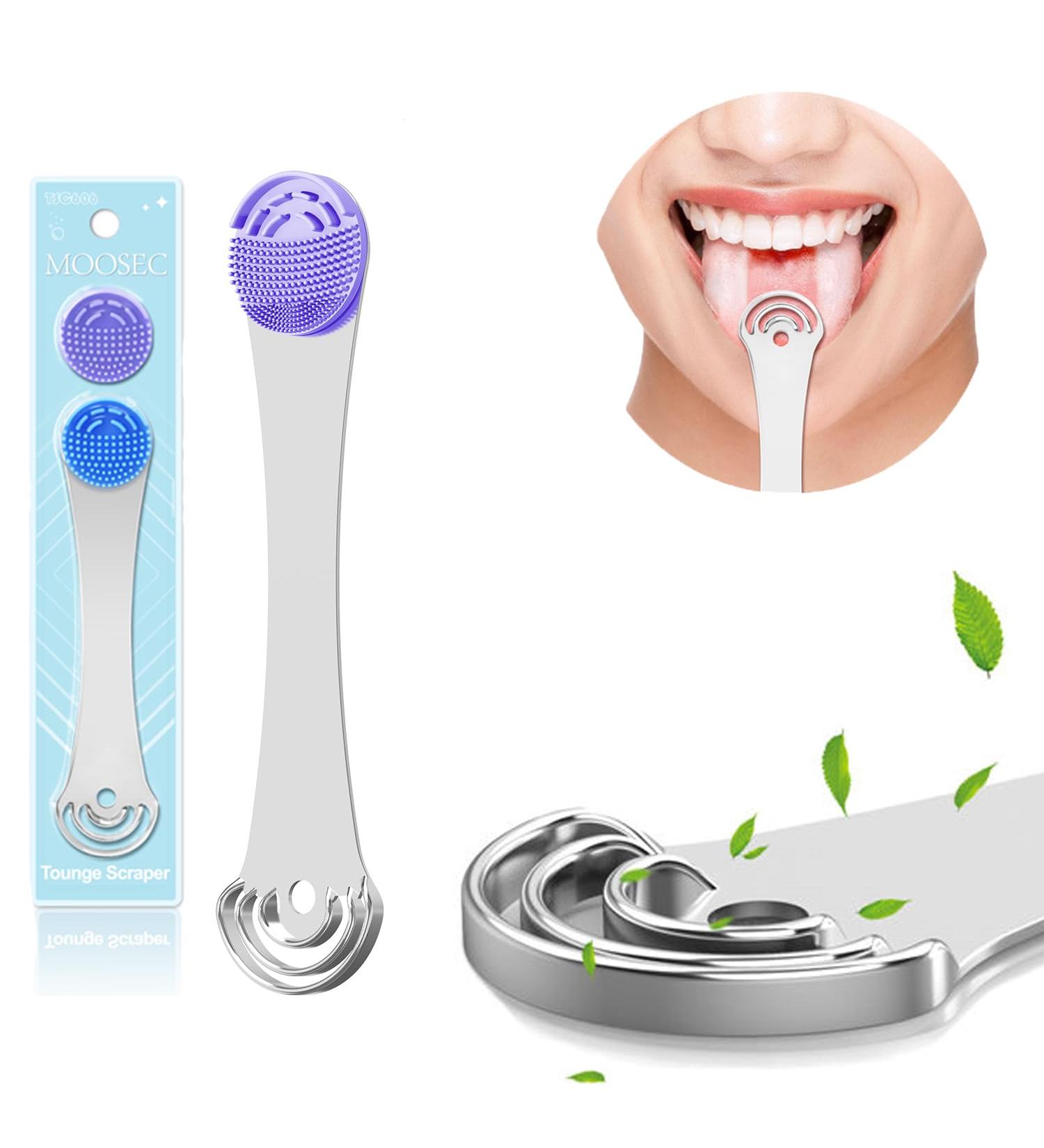 Stainless Steel Tongue Scraper for Adults & Kids - Fresh Breath Tongue Cleaner with 2 Replacement Silicone Pads (Blue) - Buy Online on GoSupps.com