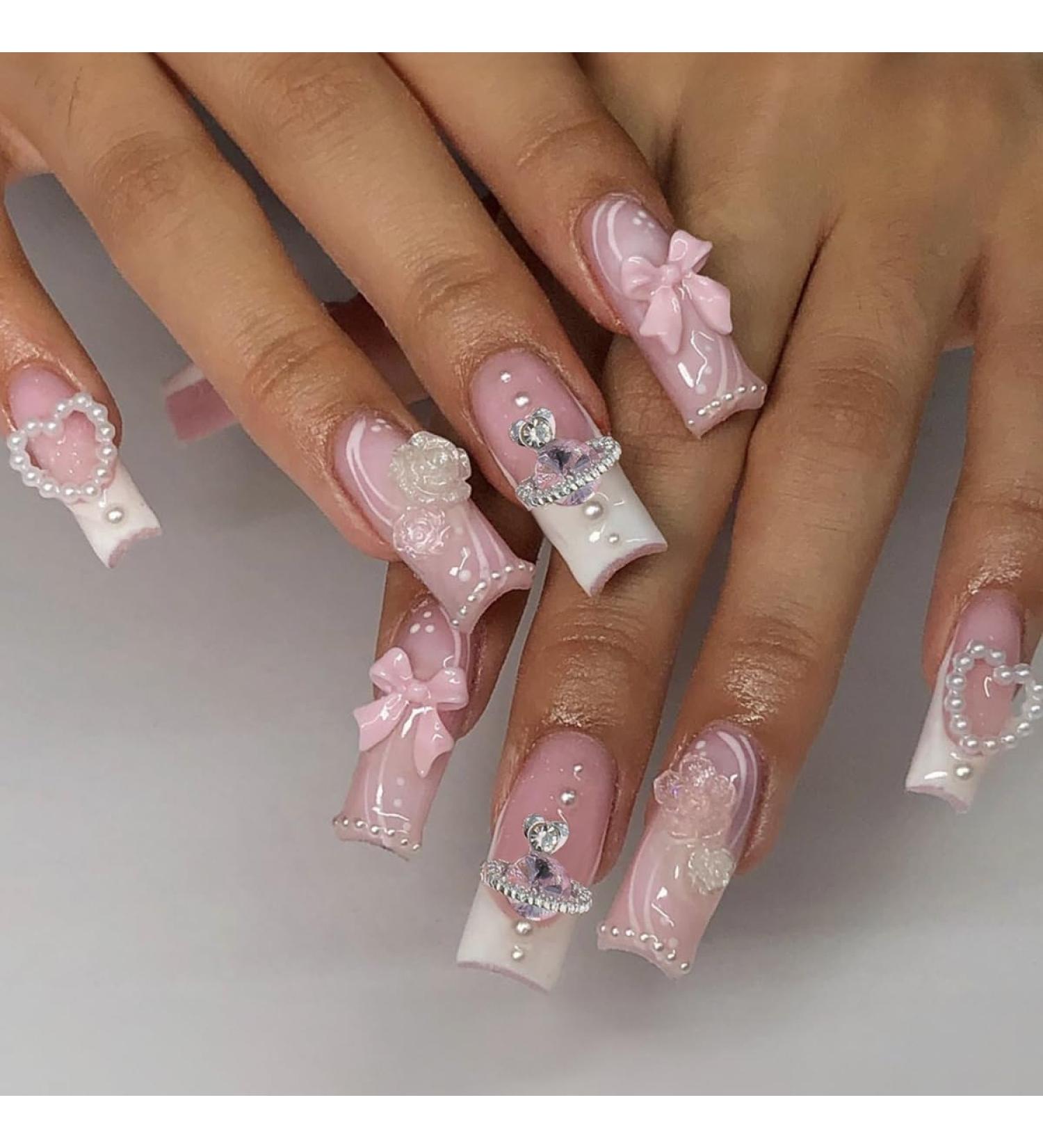 24 Pcs Long Square Press on Nails - French Tip Fake Nails with 3D Rhinestone - Sweet Pink Full Cover Acrylic Nail Tips for Women & Men - Stunning Manicure Decorations - Buy Online on GoSupps.com