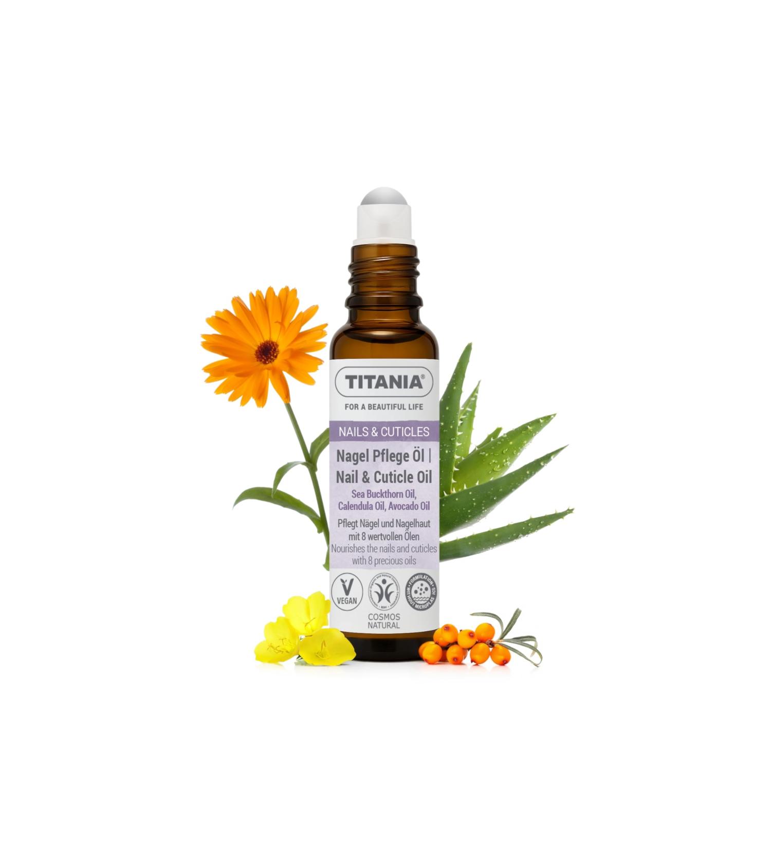TITANIA Cosmos Natural Huile de soin pour cuticules avec 8 huiles et aloe vera pour cuticules et cuticules douces mains et pieds v g talien test e dermatologiquement fabriqu e en Allemagne 10 ml
