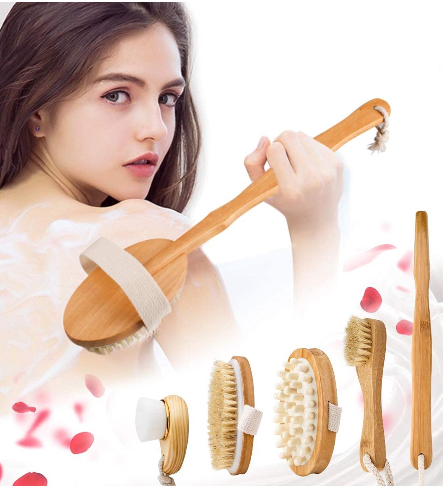 Premium Dry Brushing Body Brush Set for Lymphatic Drainage and Cellulite Treatment - Boar Bristle Brushes for Glowing Skin - 5 Pack - Buy Online on GoSupps.com