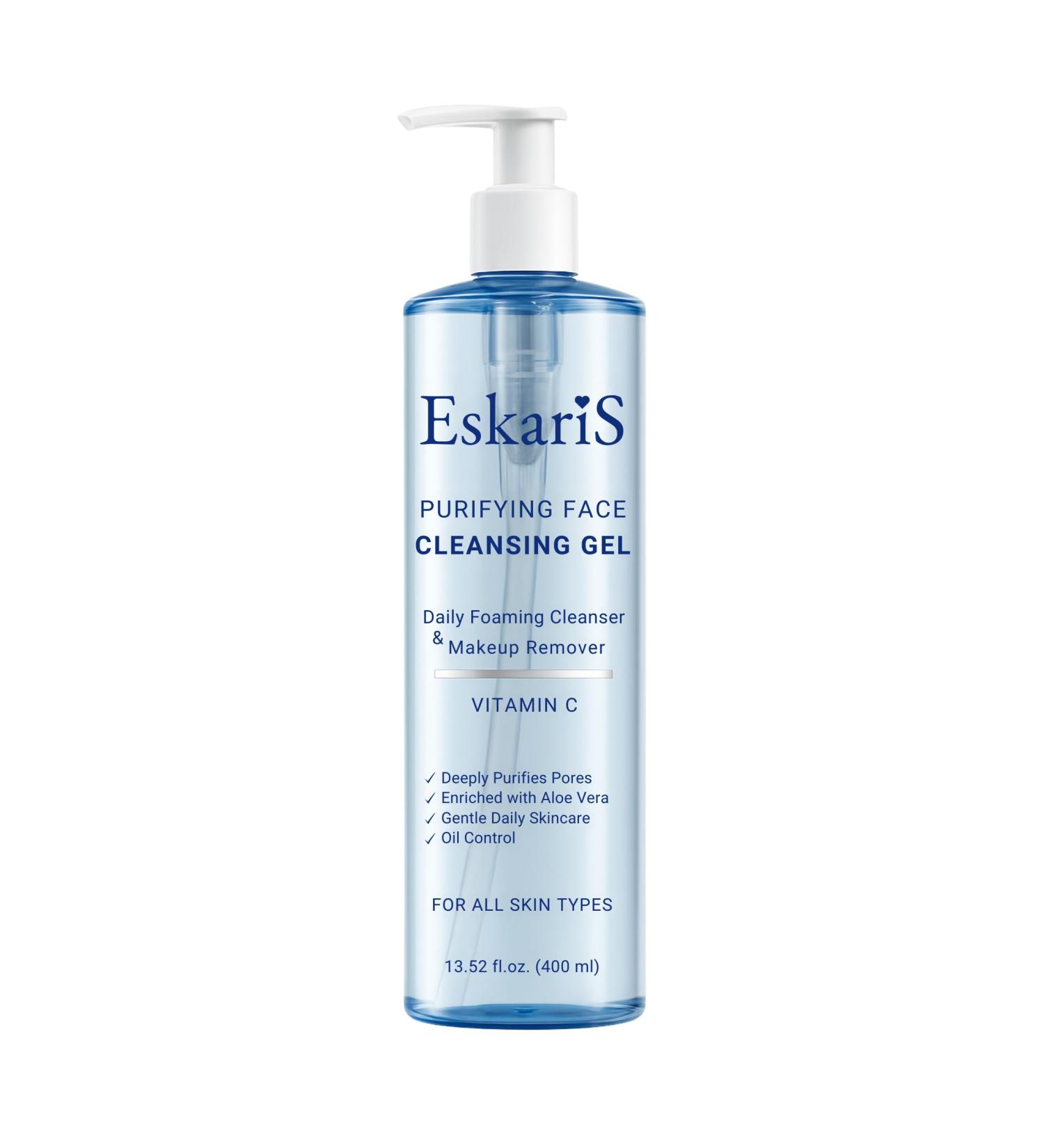 Eskaris Purifying Face Cleansing Gel Vitamin C & Aloe Vera Anti-Aging Daily Foaming Cleanser & Makeup Remover Soap-Free Face Wash Oil Control For All Skin Types 13.52 oz (400 ml) - Buy Online on GoSupps.com