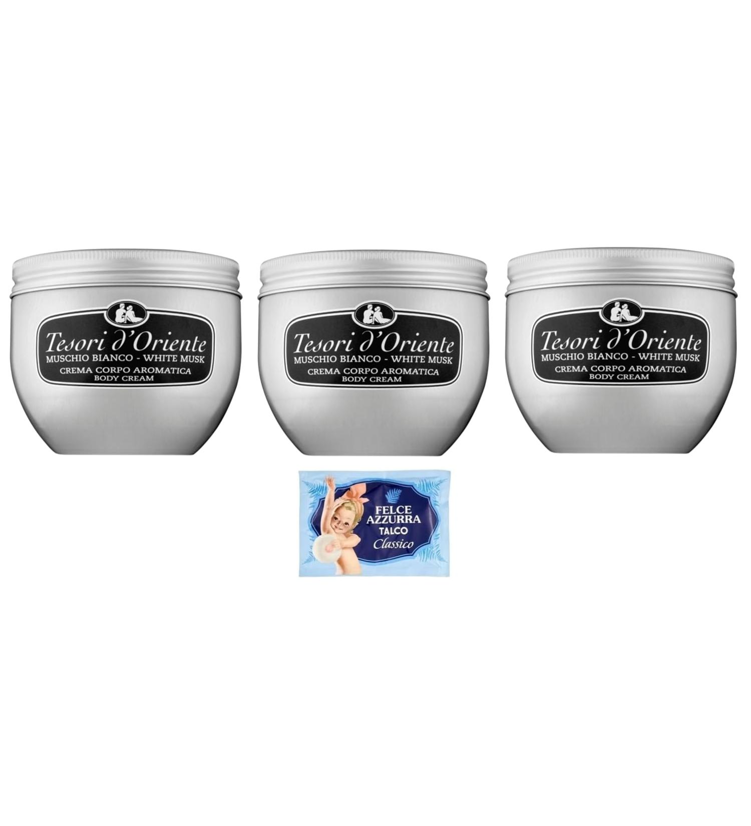 Tesori d'Oriente Crema Corpo Muschio Bianco Body Cream White Musk 300 ml + 1 x Felce Azzurra Talcum Powder 100 g Pack of 3 - Buy Online on GoSupps.com