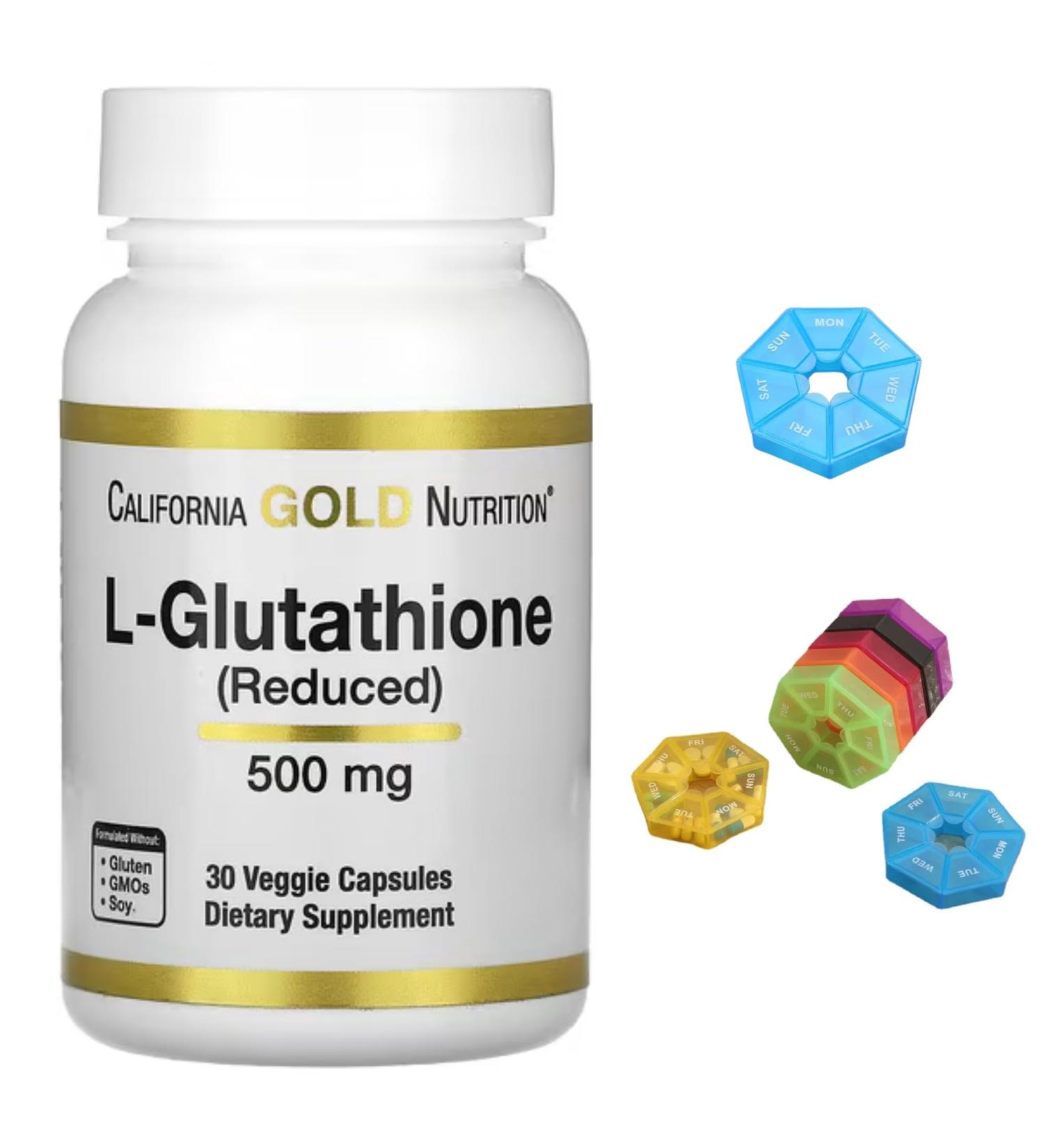 L-Glutathione (Reduced) Compatible With California Gold Nutrition 500 mg 30 Veggie Capsules + Bonus Pill Organizer Weekly Pill Organizer Mini - Buy Online on GoSupps.com