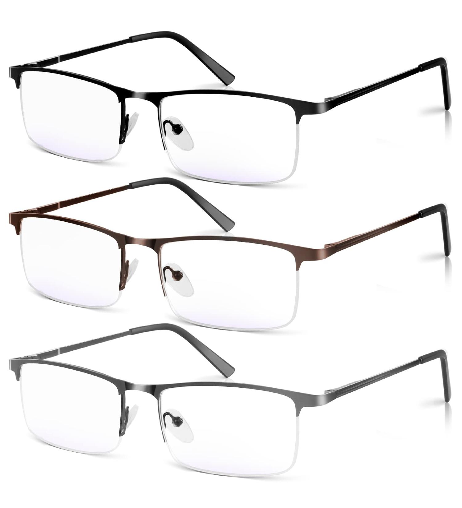 3 Pack Blue Light Blocking Reading Glasses for Men - Stylish Half Frame Metal Readers Lightweight Anti Eyestrain Eyewear (Black Grey Brown - 1.25x - Buy Online on GoSupps.com