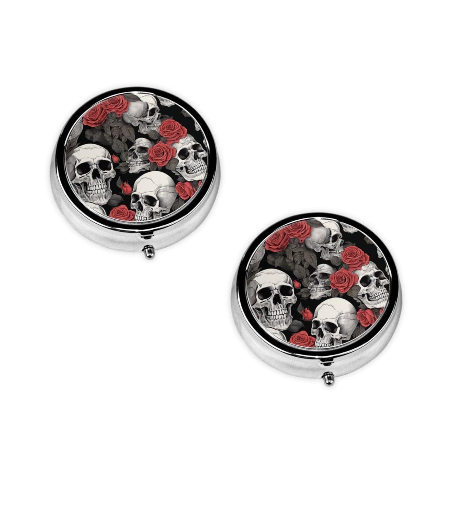 Flowers Skull Mini Round Pill Box | 3 Compartment Travel Pill Organizer | Portable Medicine Case for Home & Office - Buy Online on GoSupps.com
