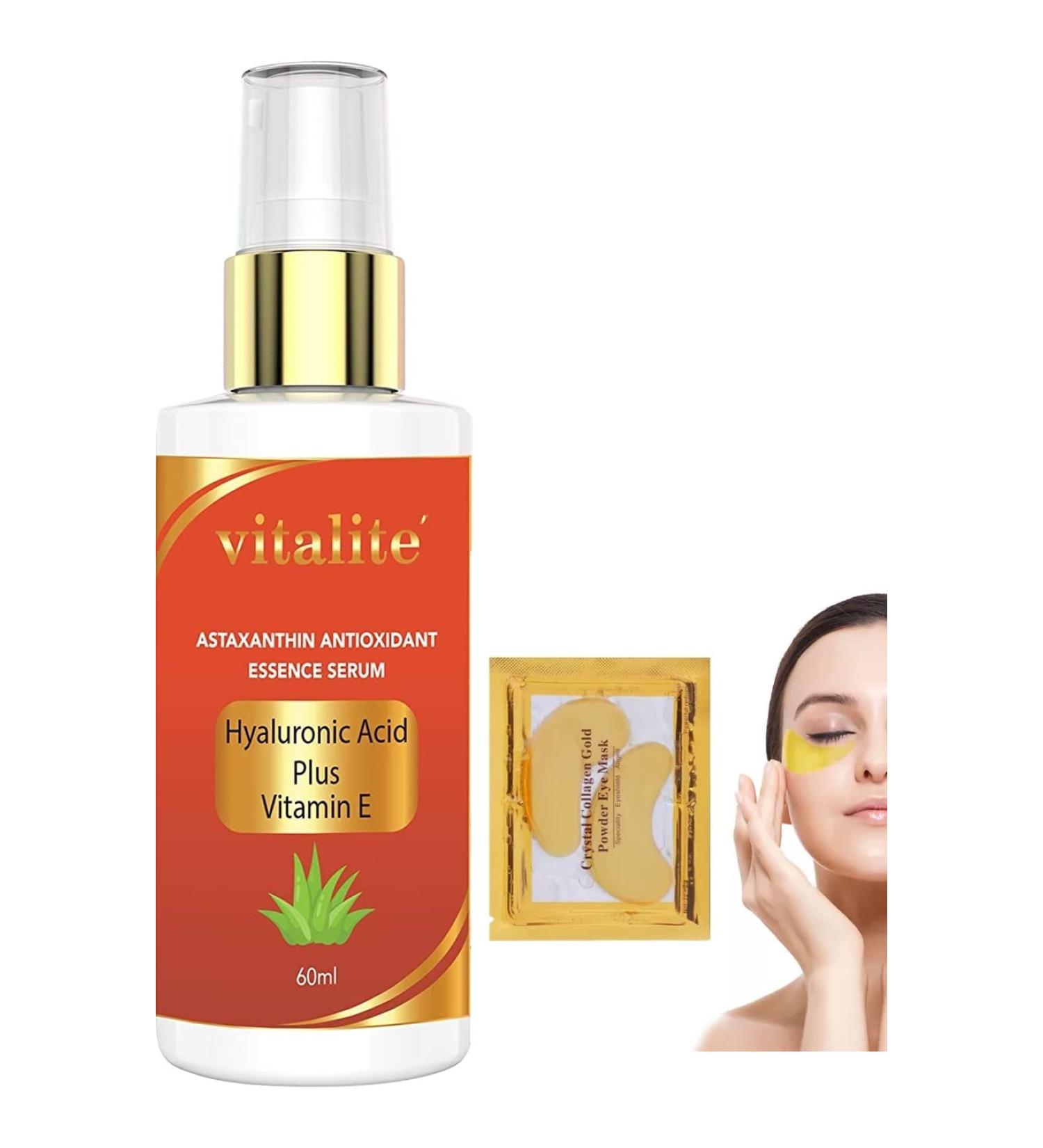Antioxidant Astaxanthin Cream Serum | Anti-aging Facial Vitamins A, C, E with Hyaluronic Acid | Sun UV Shield | Hydrating & Firming Face Serum for Skin Rejuvenation | Includes Collagen Eye Mask - Buy Online on GoSupps.com