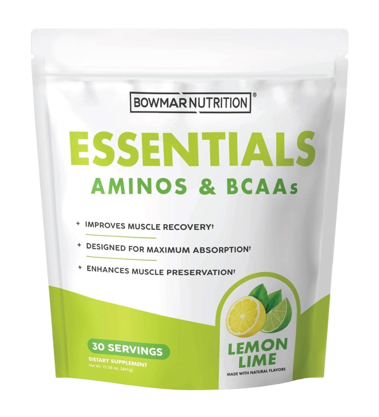 BOWMAR NUTRITION Essentials Aminos and BCAAs Powder 30 Servings 99% Absorption Rate (Lemon Lime) - Buy Online on GoSupps.com