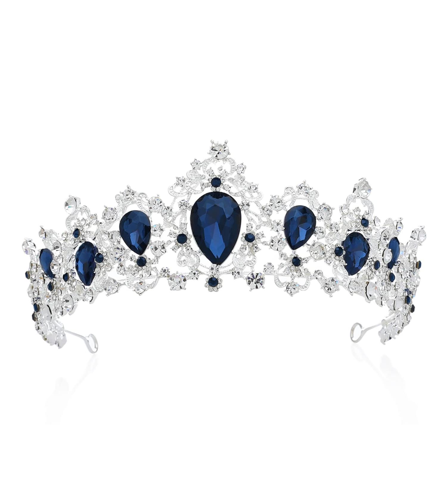 SWEETV Royal Blue CZ Crystal Tiara for Women - Princess Headpiece Bridal Hair Accessory - Sapphire+Silver - Buy Online on GoSupps.com