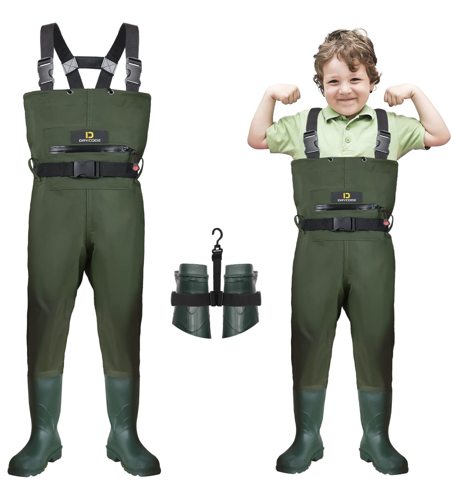 DRYCODE Kids Army Green Youth Waders with Boots | Waterproof Nylon/PVC Chest Wader for Fishing/Hunting | Toddler & Children Sizes 10/11 - Buy Online on GoSupps.com