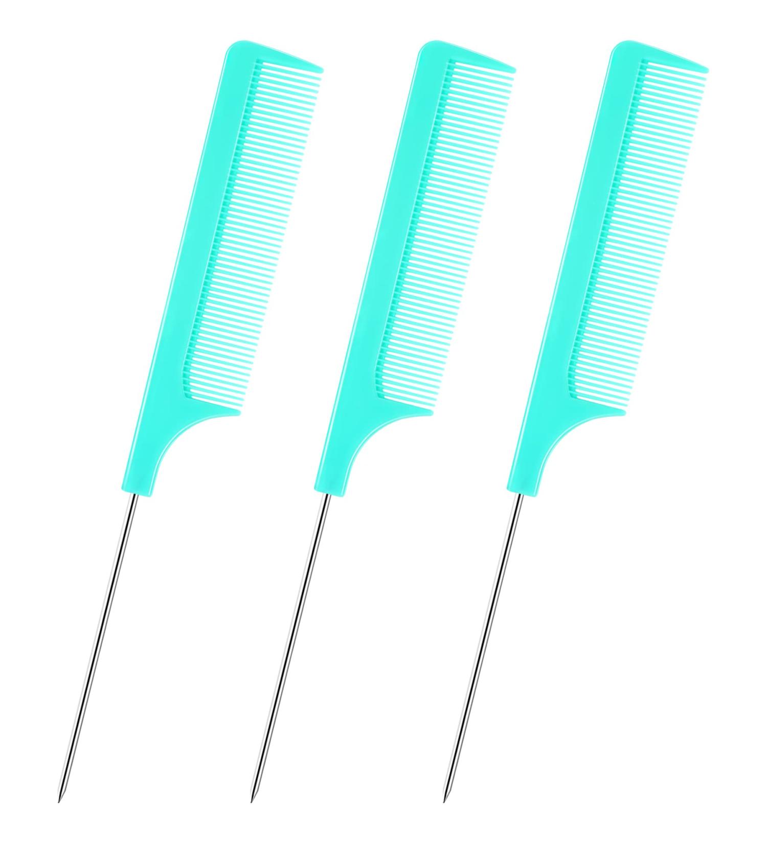 3 Pcs Rat Tail Combs Salon Hairdressing Comb | Stainless Steel Handle Fine Tooth Comb for Women Barber - Lake Green - Buy Online on GoSupps.com