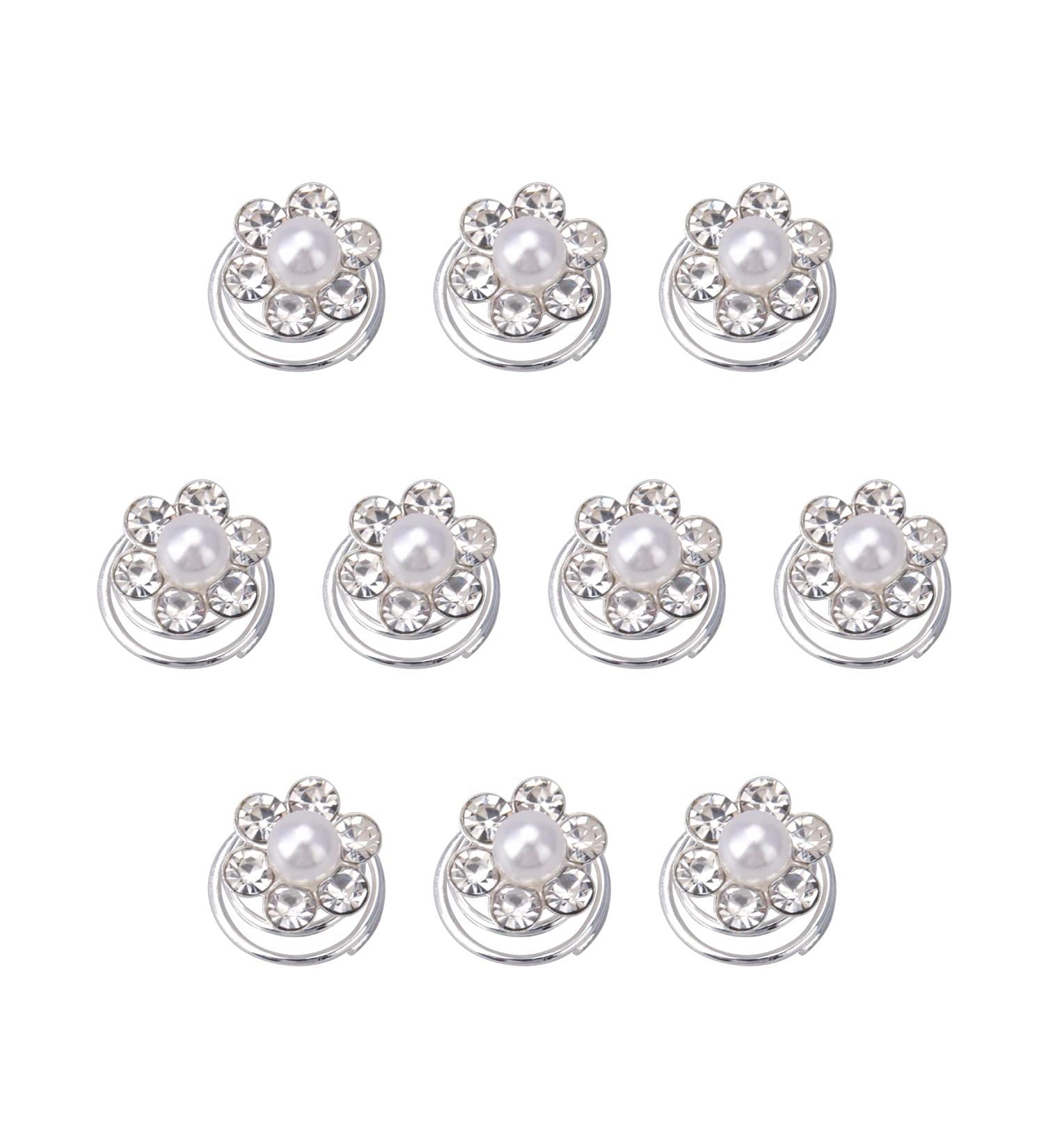 Parieo Pearl Hair Pins 10 Pieces Spiral Twist Hair Clips with Diamond Flower Crystal for Women's Wedding Accessory Party Decoration - Buy Online on GoSupps.com