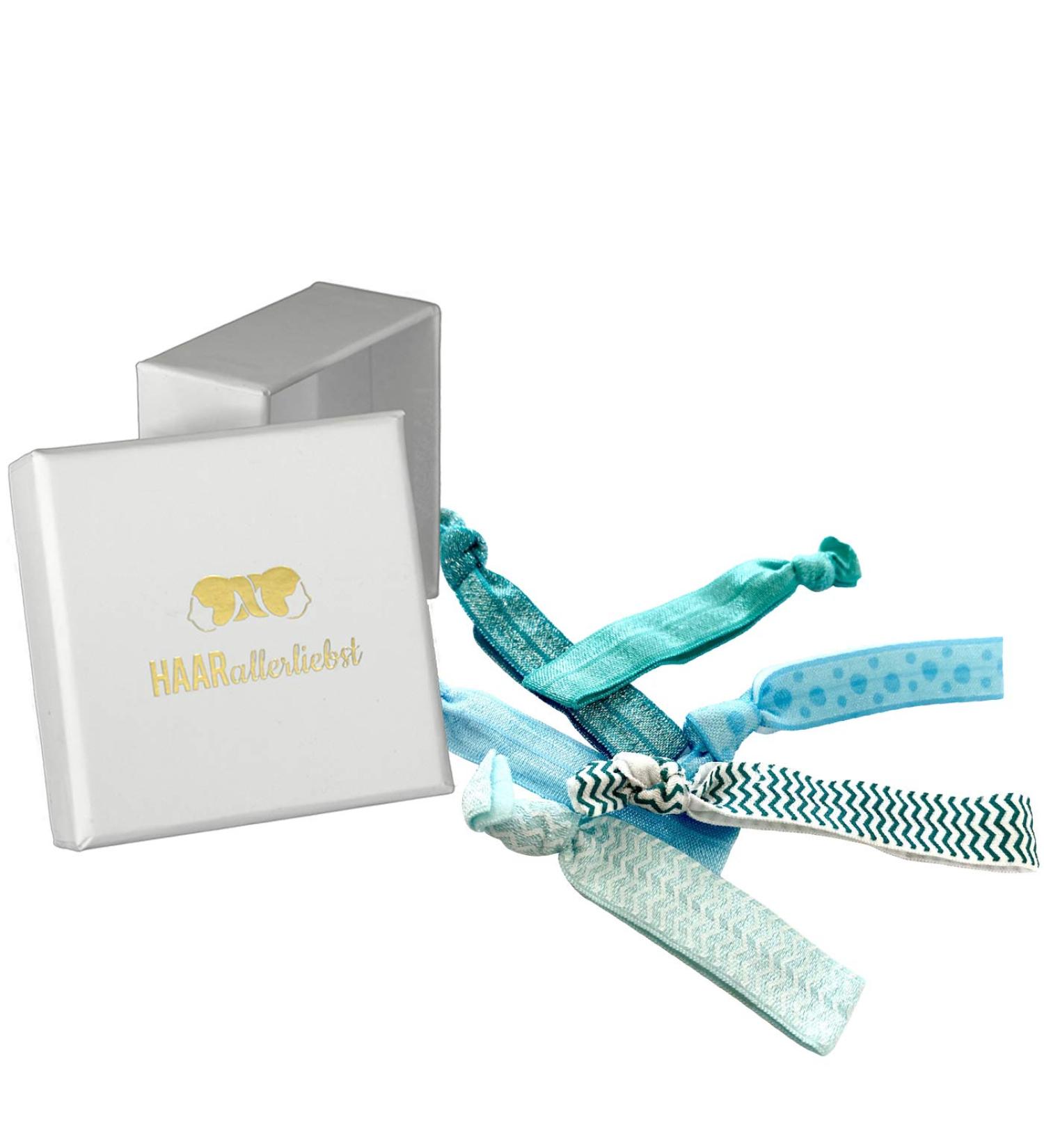 Shop Quality Hair-Minded Elastic Hair Ties & Friendly Bracelets - 6-Piece Wide Bands with Storage Box in White & Turquoise Blue - Buy Online on GoSupps.com