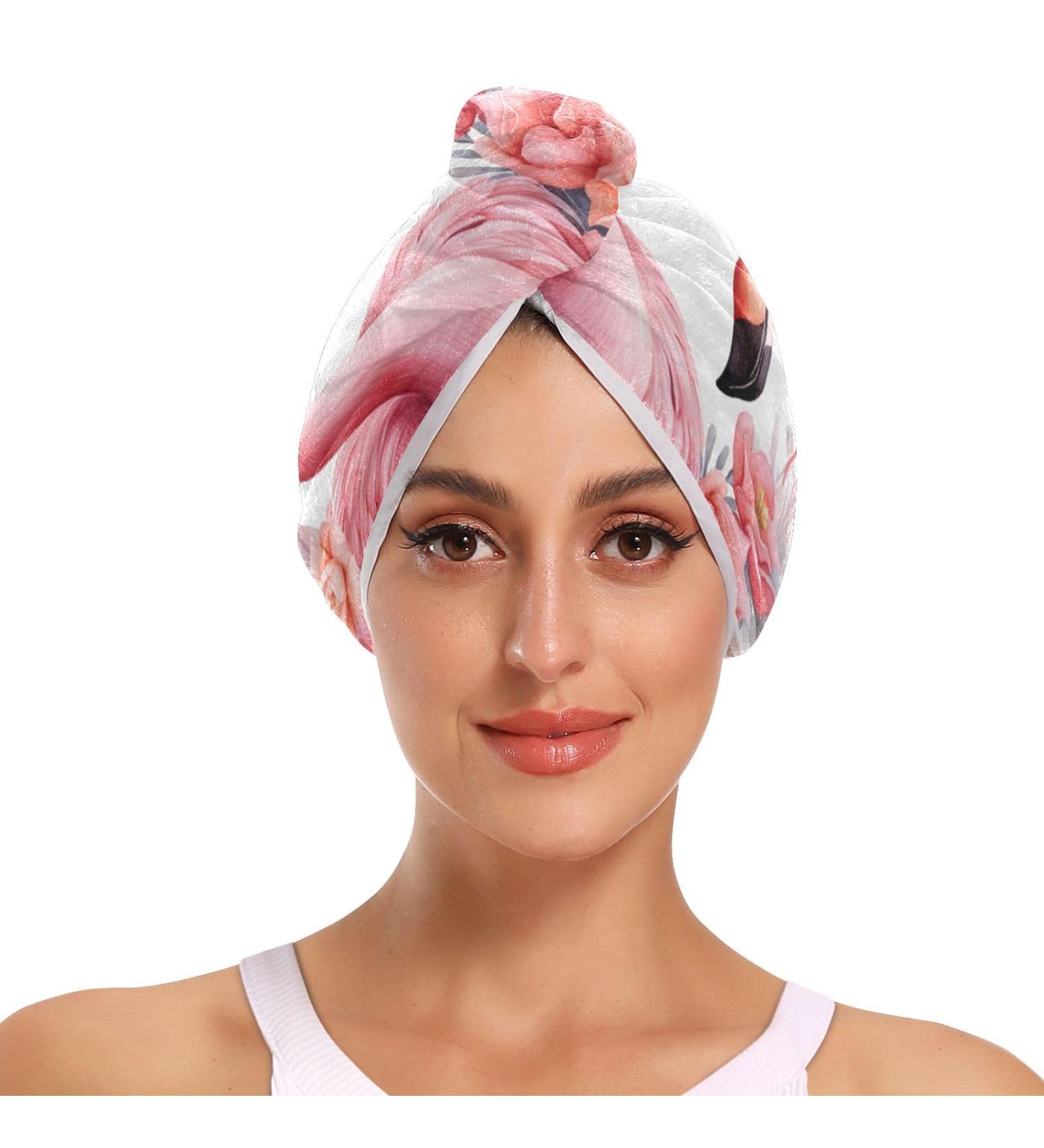 Pink Flamingo Flowers Hair Towel 2 Pack - Super Absorbent Quick Dry Hair Turbans for Women & Girls - Buy Online on GoSupps.com
