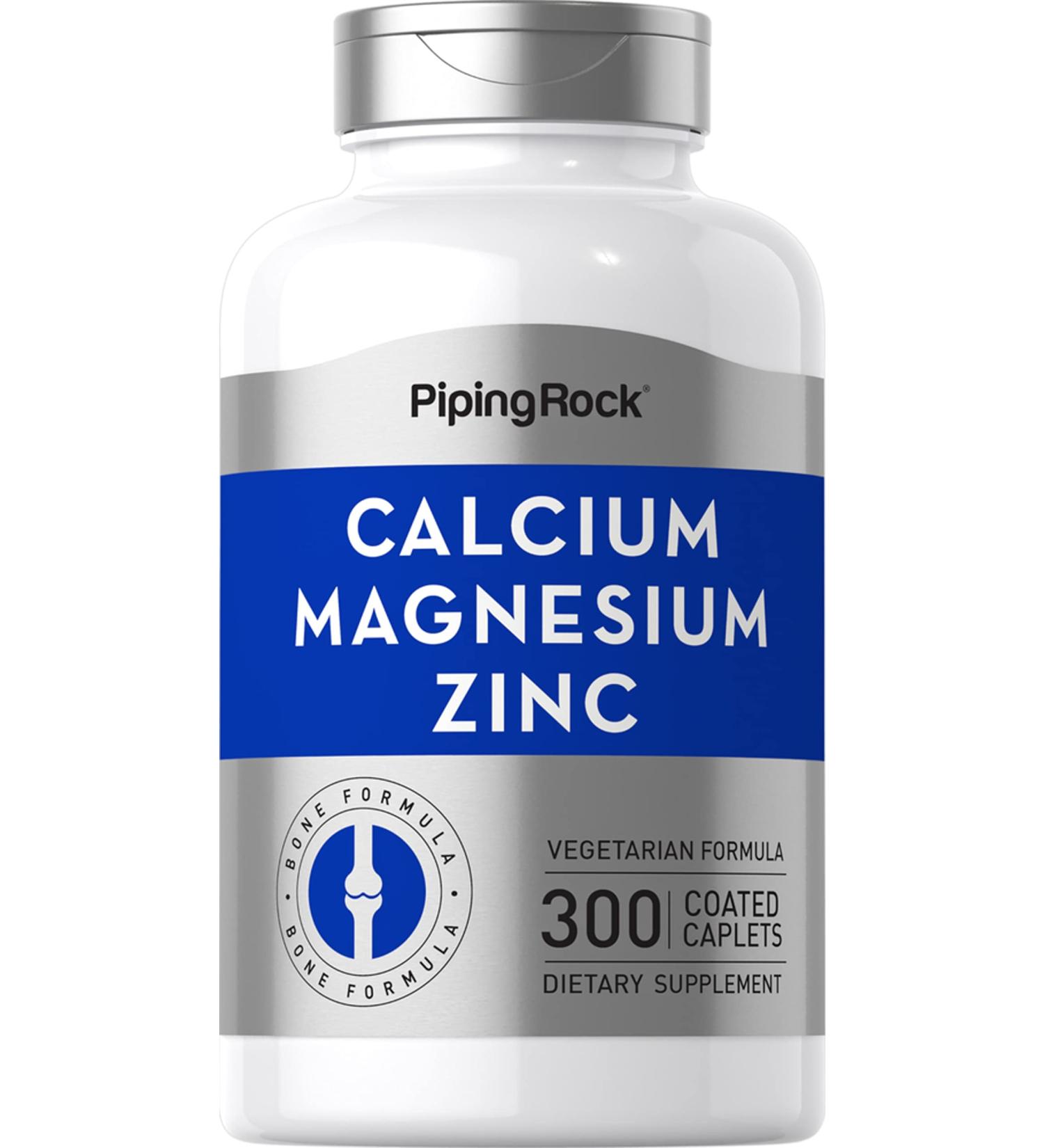 Calcium Magnesium Zinc Supplement 300 Coated Caplets Non-GMO Gluten Free by Piping Rock - Buy Online on GoSupps.com