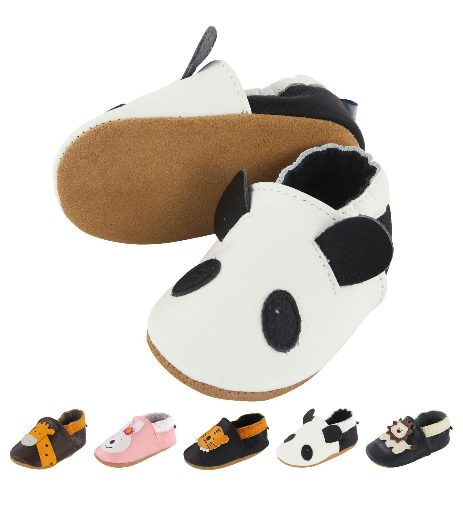 Soft Leather Baby Shoes - Non-Slip Rubber Soles - White Panda Design - 0-24 Months - Buy Online on GoSupps.com