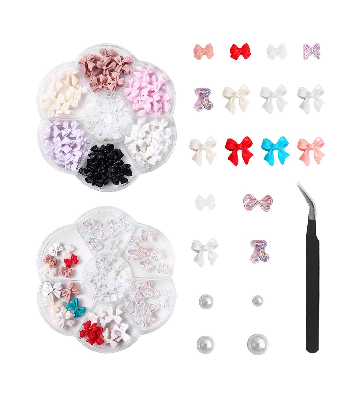 2 Boxes of Nail Art Decorations and 1 Piece of Black Tweezers Nail Jewelry Set DIY Nail Art Bow Nail Decoration Nail Art Accessories - Buy Online on GoSupps.com
