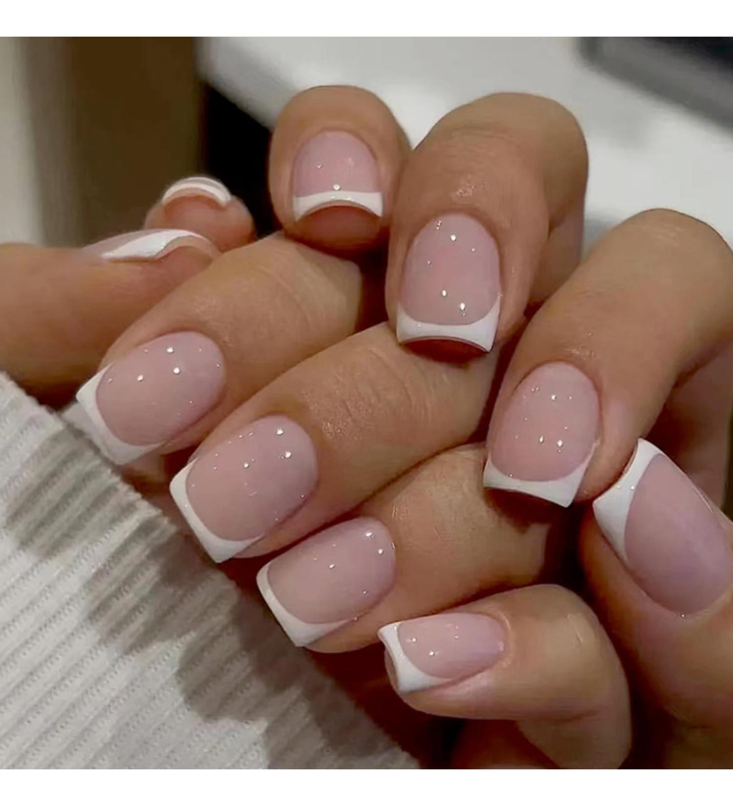 24Pcs French False Nails Short Square Press on Nails Nude Pink with White Border | Acrylic Full Cover Fake Nails for Women Girls - Buy Online on GoSupps.com