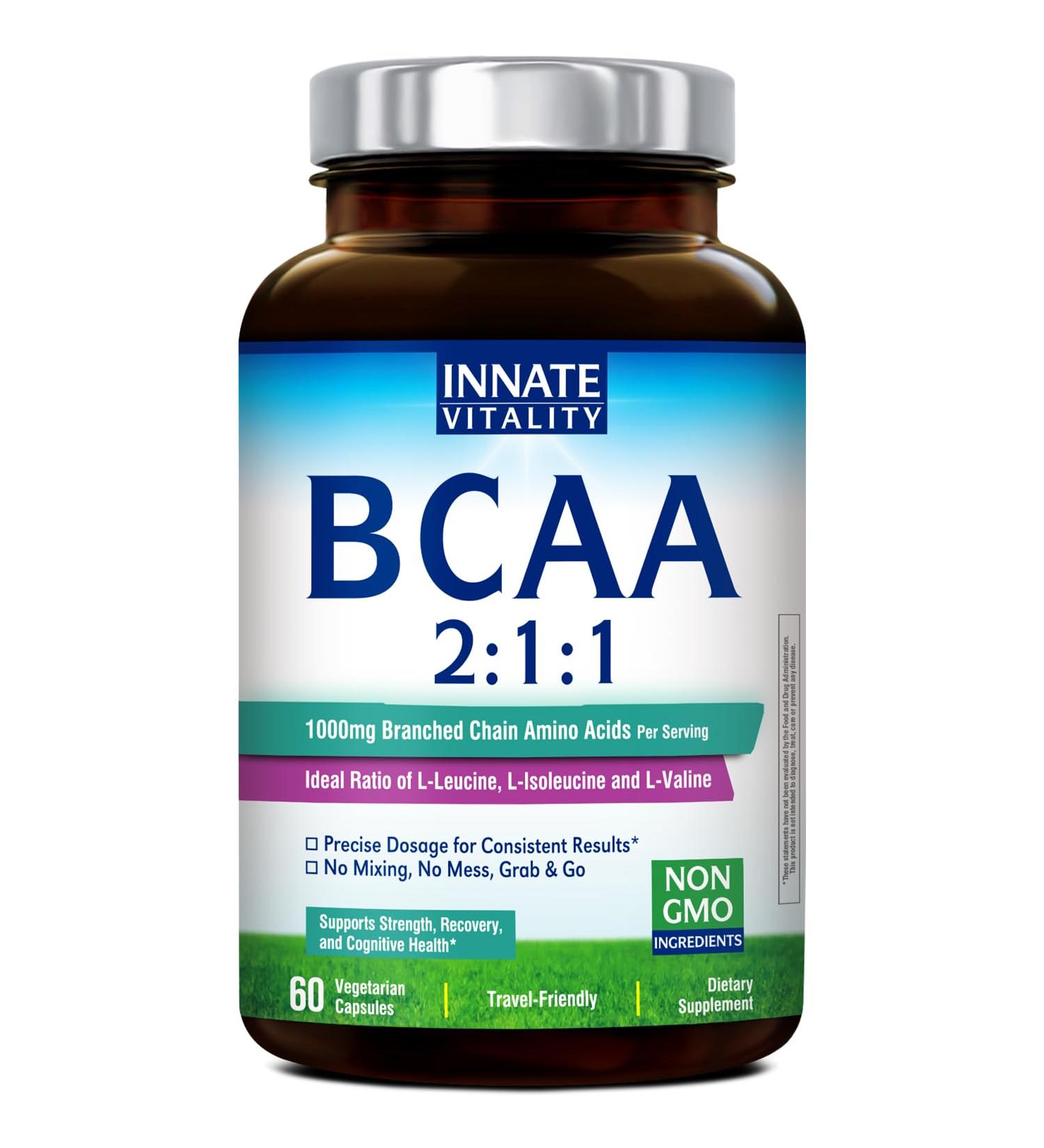 Innate Vitality BCAA Capsules for Men & Women 2:1:1 Branched Chain Amino Acids L-Leucine L-Isoleucine L-Valine No Mixing No Mess Energy Recovery Focus On-The-Go Non-GMO 60 Count - Buy Online on GoSupps.com