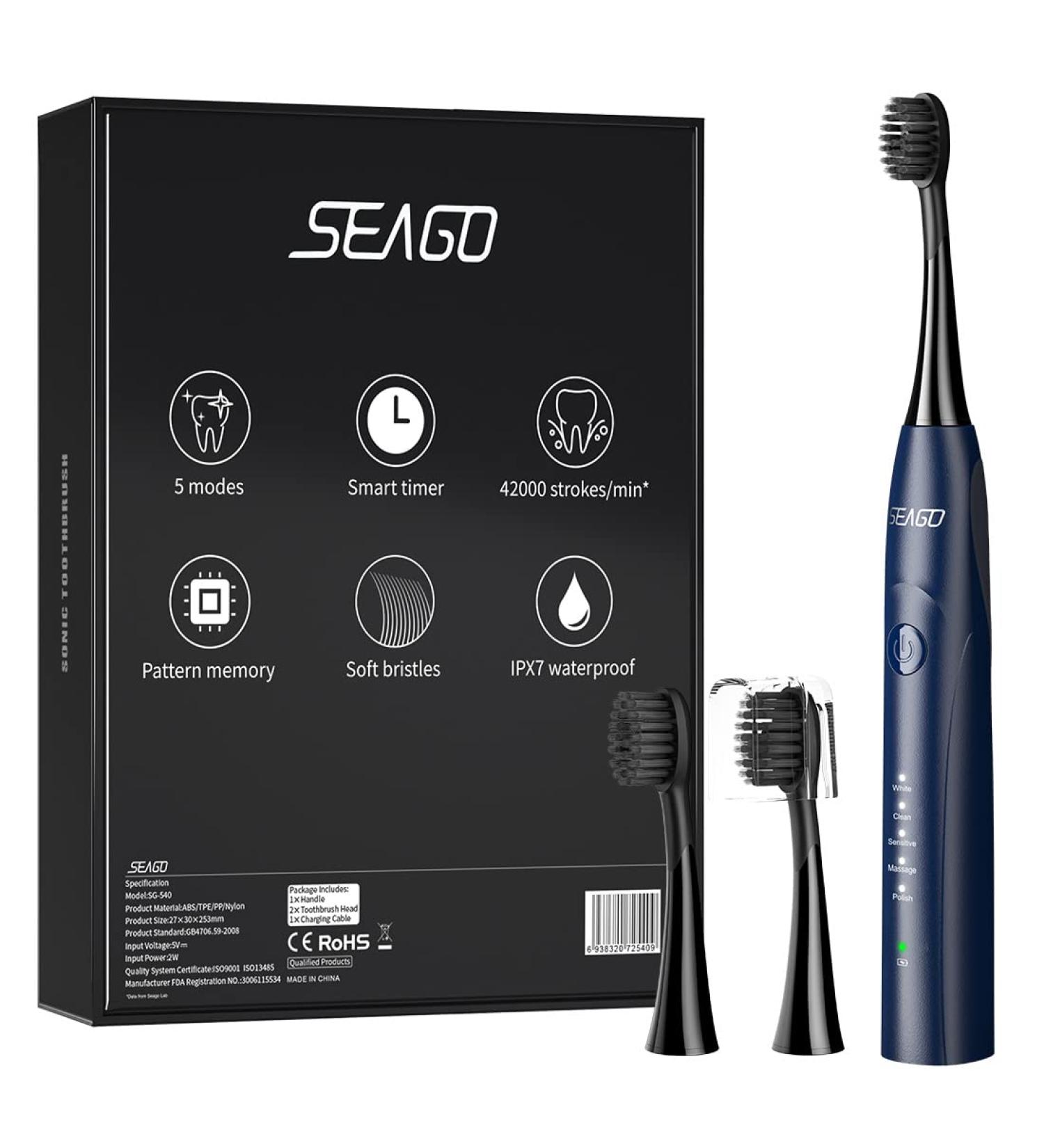 SEAGO Electric Toothbrush | 42,000 VPM Motor | 5 Modes | 2 Dupont Brush Heads | Fast Charge | Whitening Sonic Toothbrush for Adults & Kids - Blue - Buy Online on GoSupps.com
