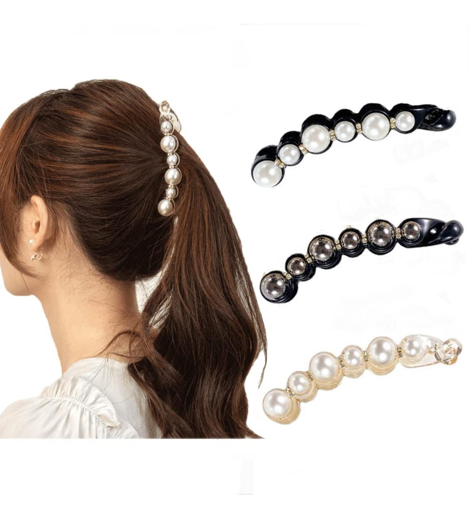 3-Piece Pearl Banana Clips Set | Rhinestone Hair Accessories for Women & Girls | Ideal for Thick & Fine Hair - Buy Online on GoSupps.com