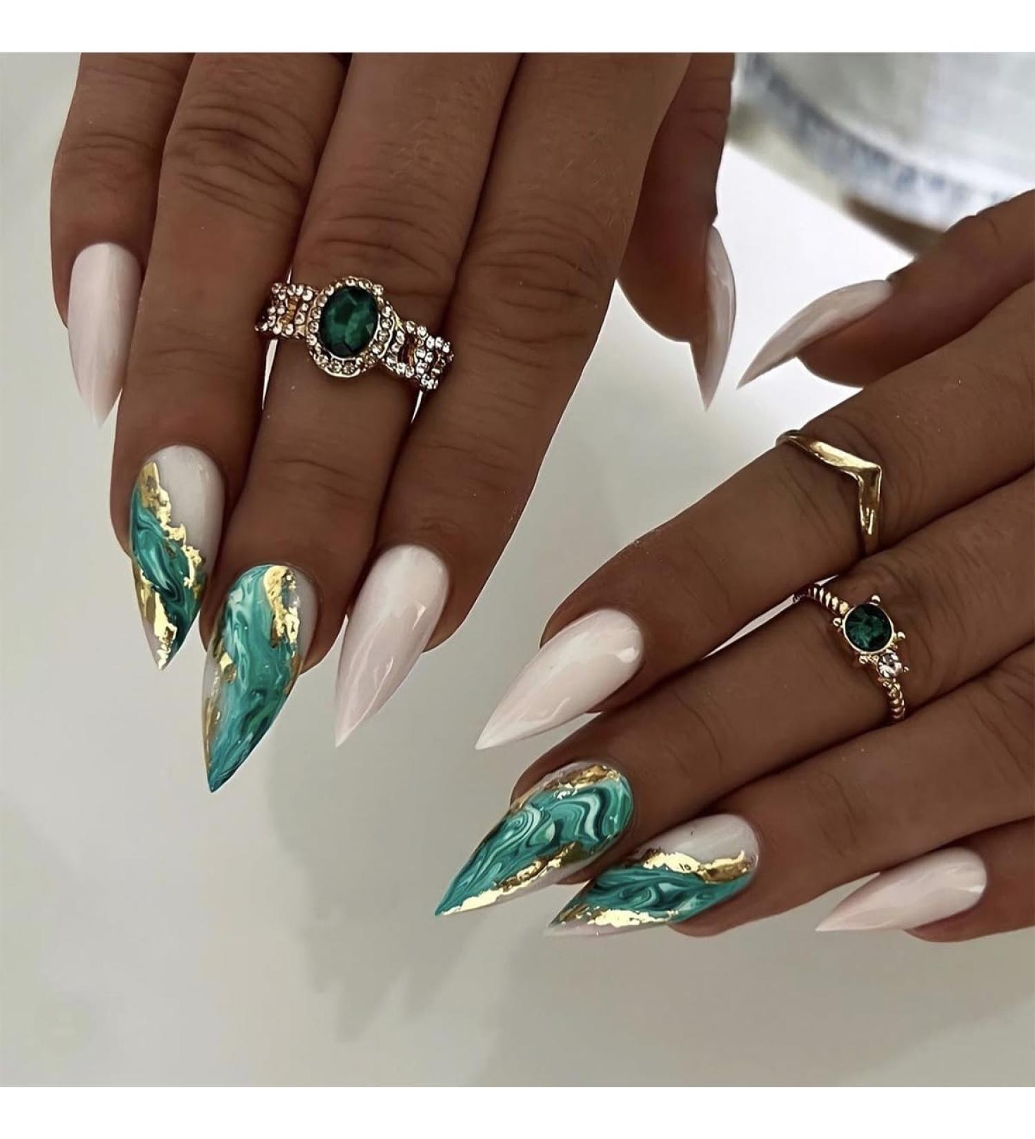 Buy Mouyouglow Press-On Nails - Almond White & Green Smudged Gold Leaf - Long-Lasting Fake Nails with Glue - International Shipping Available - Buy Online on GoSupps.com