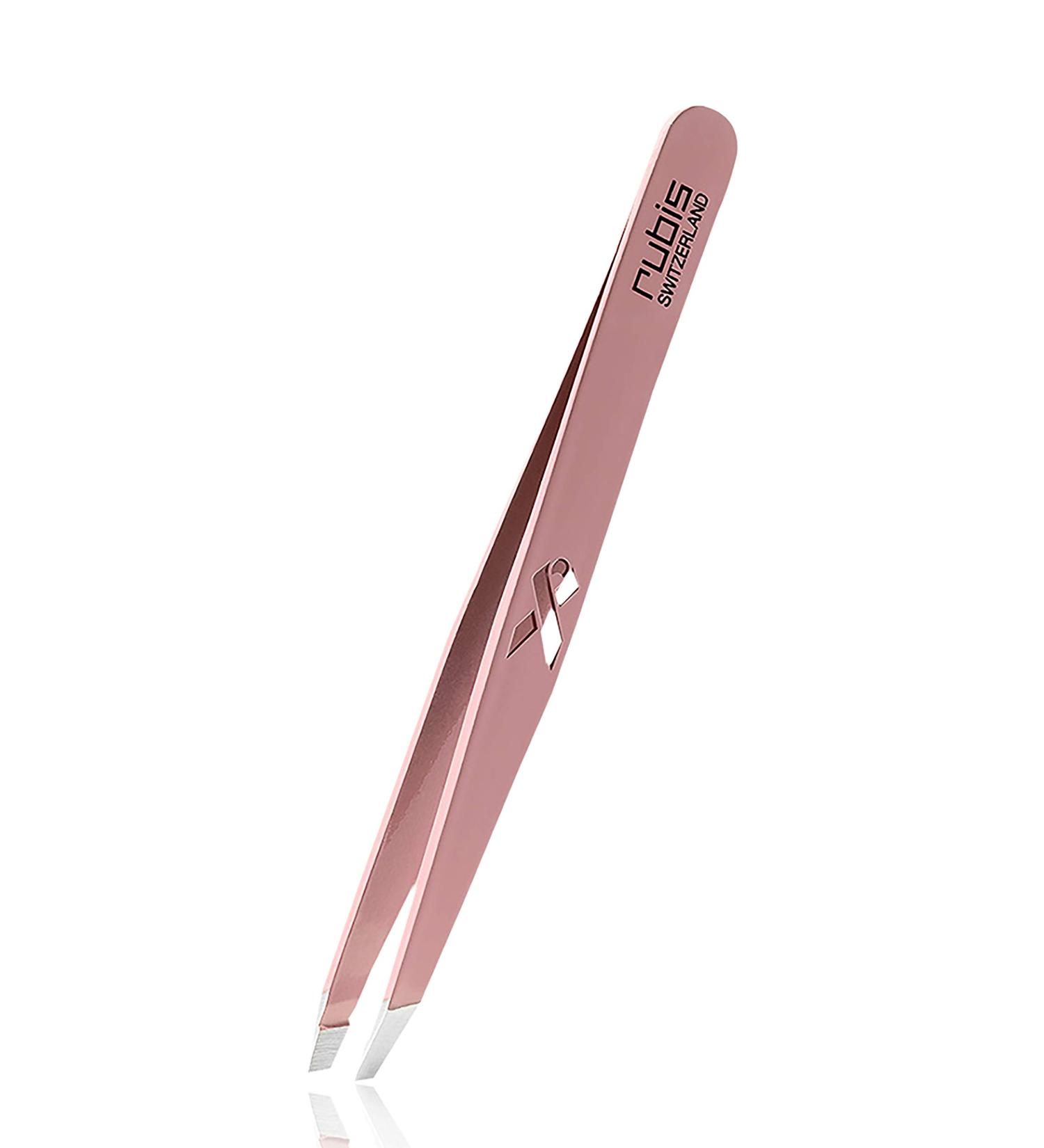 Rubis Pink Slanted Tweezers - Engraved Breast Cancer Ribbon | Premium Cosmetic Tools - International Shipping - Buy Online on GoSupps.com