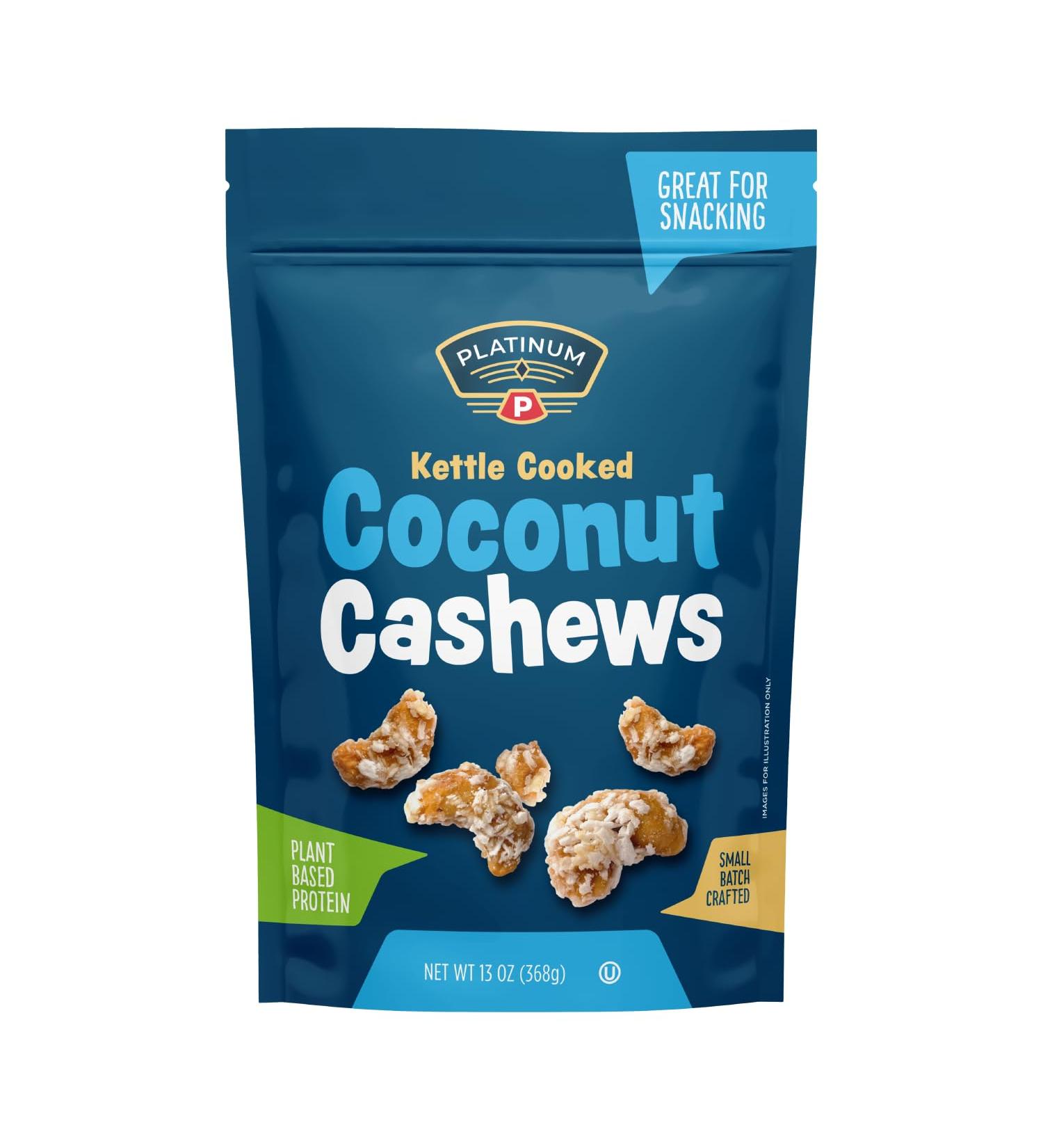 Platinum Kettle Cooked Coconut Cashews - Plant-Based Protein Snack | Healthy Fiber | 13 oz Resealable Pouch for Home Office Gym & School - Ship Internationally - Buy Online on GoSupps.com