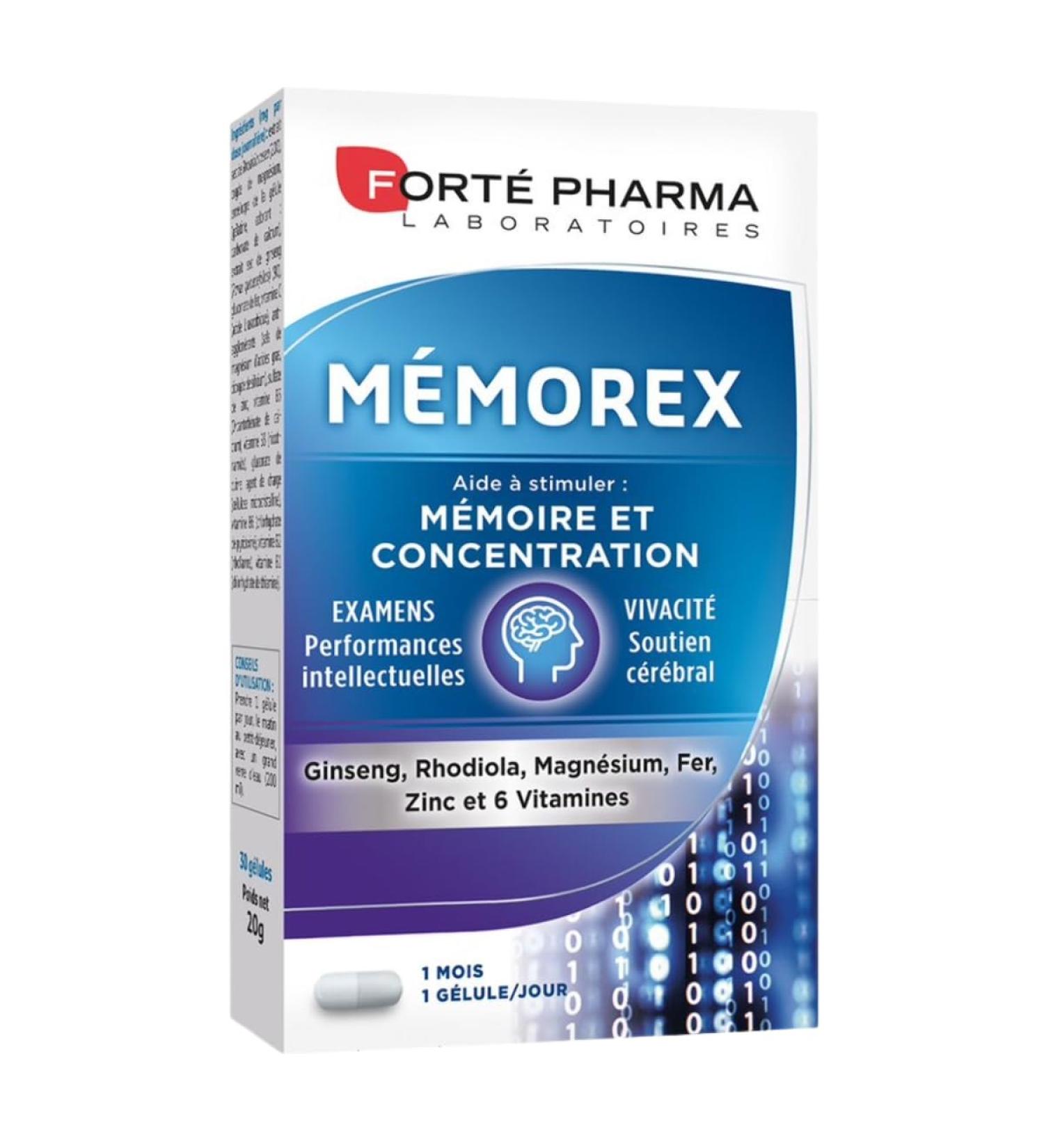 Fort Pharma - Memorex | Food Supplement - Memory Adult Concentration Stress - Vitamins Minerals and Plants - Rhodiola Vitamin C Iron Magnesium Zinc | 30 Capsules 1/Day - Buy Online on GoSupps.com