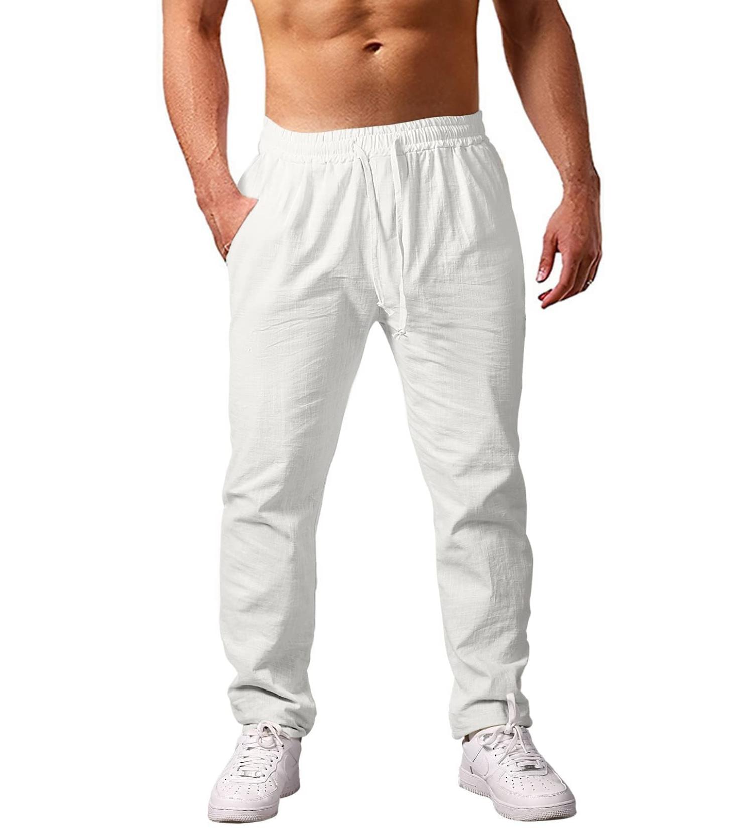 Cegerne Men's Linen Trousers Long Lightweight Summer Trousers Medieval Loose Fit Casual Leisure Trousers for Holiday Beach Everyday M White