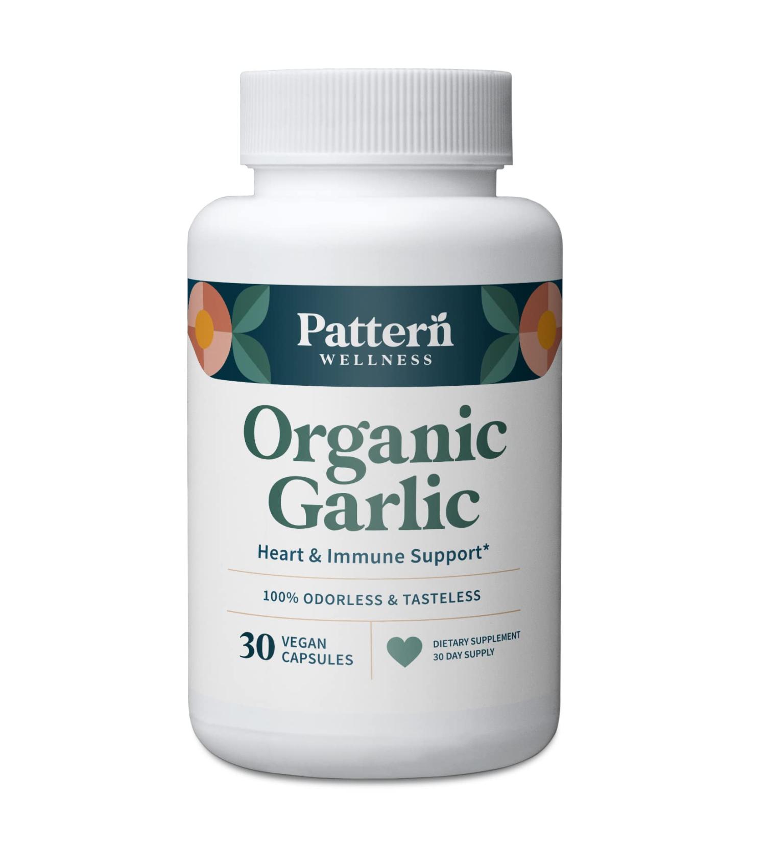 Pattern Wellness Odorless Organic Garlic 1000mg - Immune, Circulatory & Cardiovascular Support - 30 Vegan Capsules - Buy Online on GoSupps.com