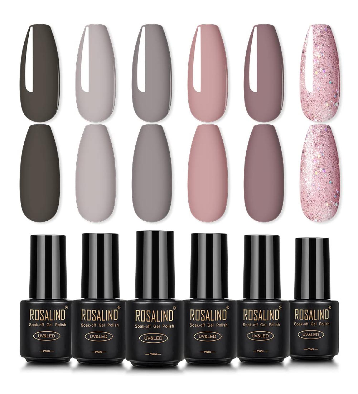 ROASLIND Gel Nail Polish Set 6 Colours 7ml Black Grey Glitter Pink Gel Polish Kit UV LED Soak Off Vanish DIY Manicure Nail Art Gift set4 - Buy Online on GoSupps.com