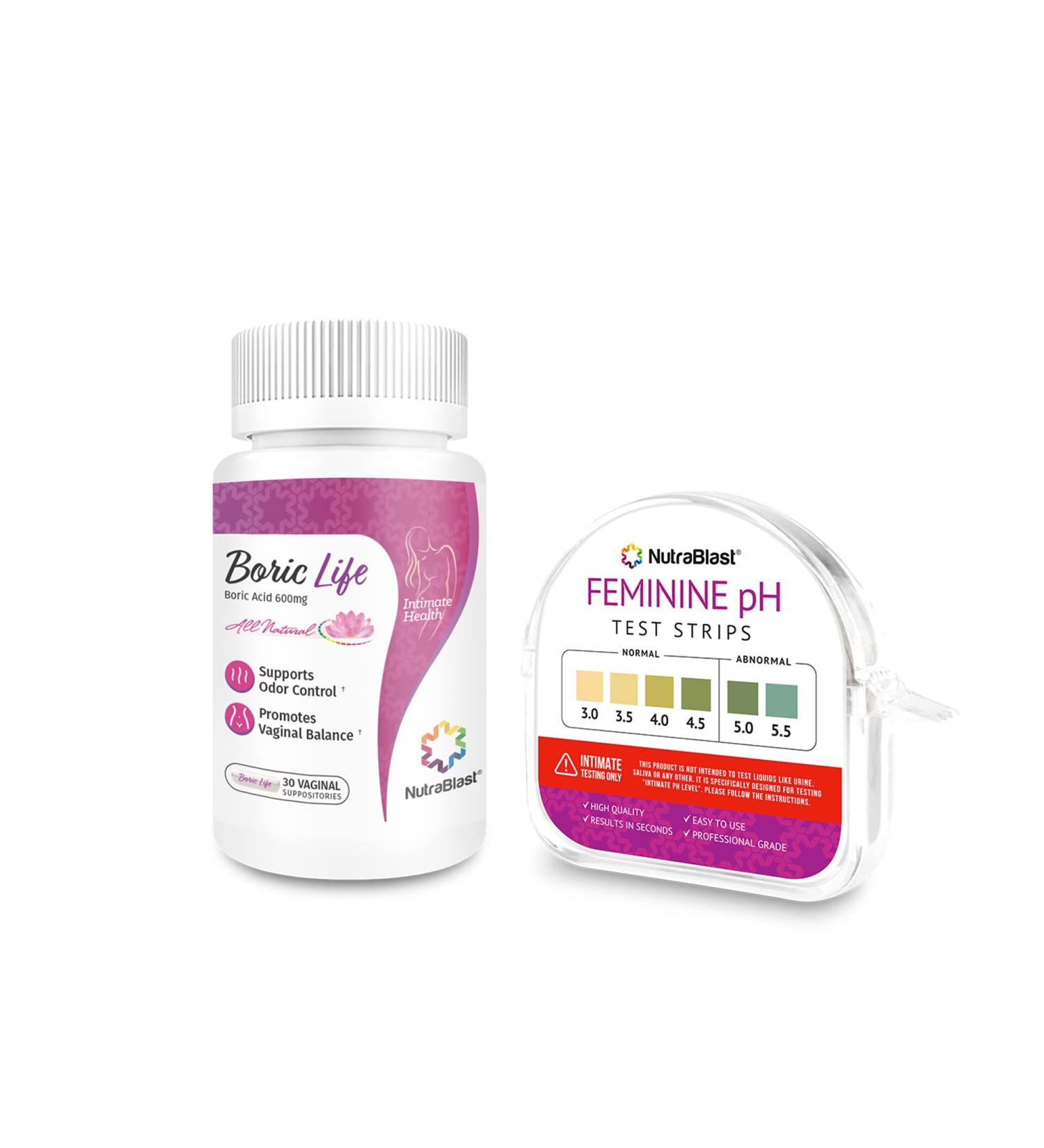 NutraBlast Boric Acid Vaginal Suppositories 600mg (30 Count) + pH Test Strips 3.0-5.5 (100 Tests) | Intimate Health Monitoring Kit for Women - Buy Online on GoSupps.com