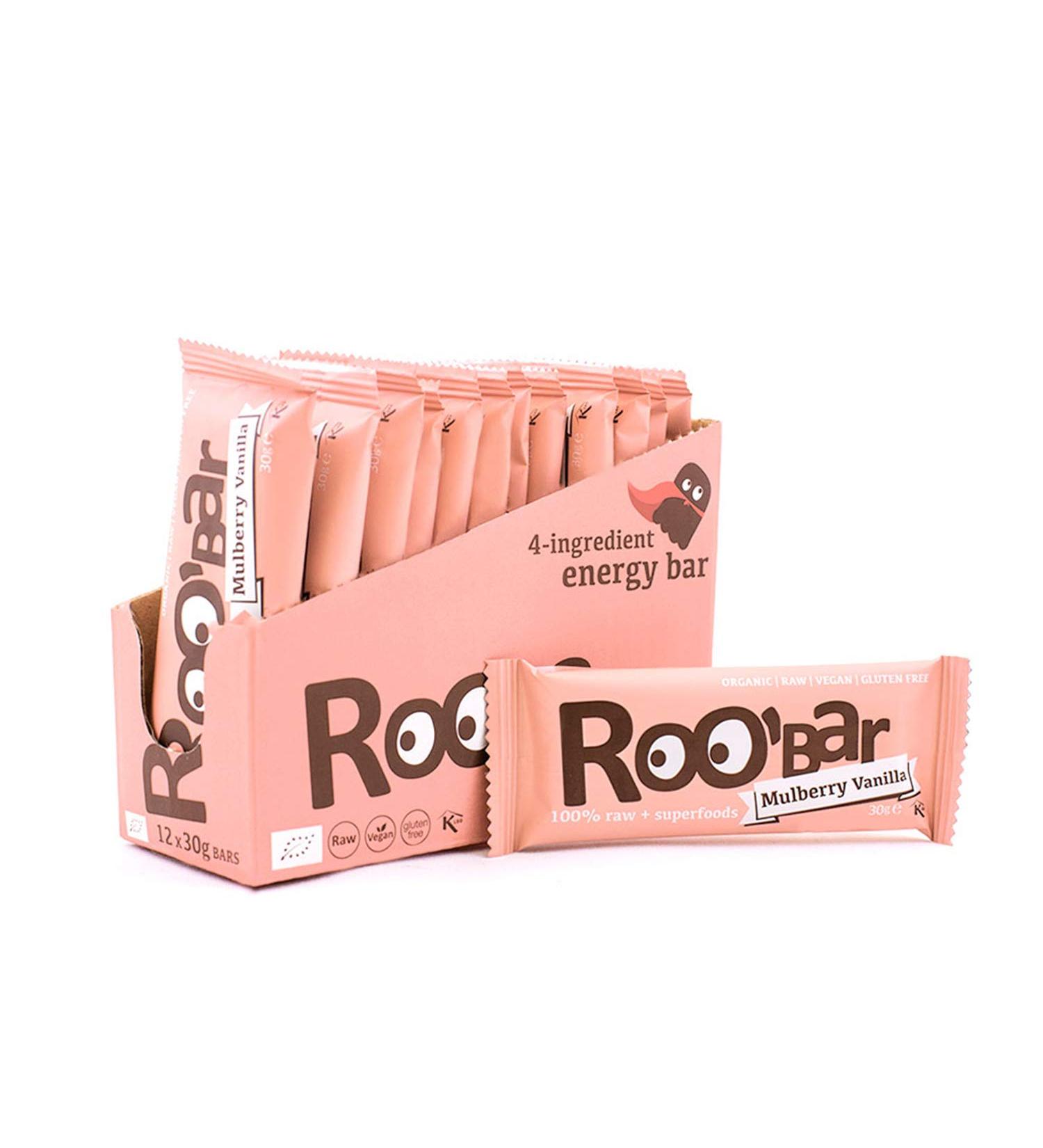  ROOBAR Roobar Mulberry and Vanilla Bar - Dairy-free and gluten-free 100% organic vegan raw with superfoods no added refined sugar - 12 x 30g bars in a box - Buy Online on GoSupps.com