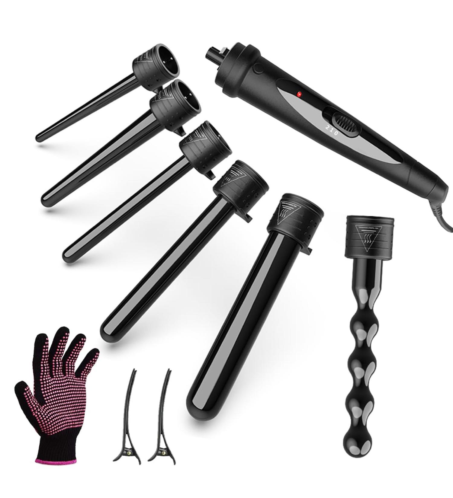 6 in 1 Wand Curling Iron Set - Interchangeable Ceramic Barrels Instant Heat Heat Protective Glove & Clips - Perfect for Beginners - Buy Online on GoSupps.com