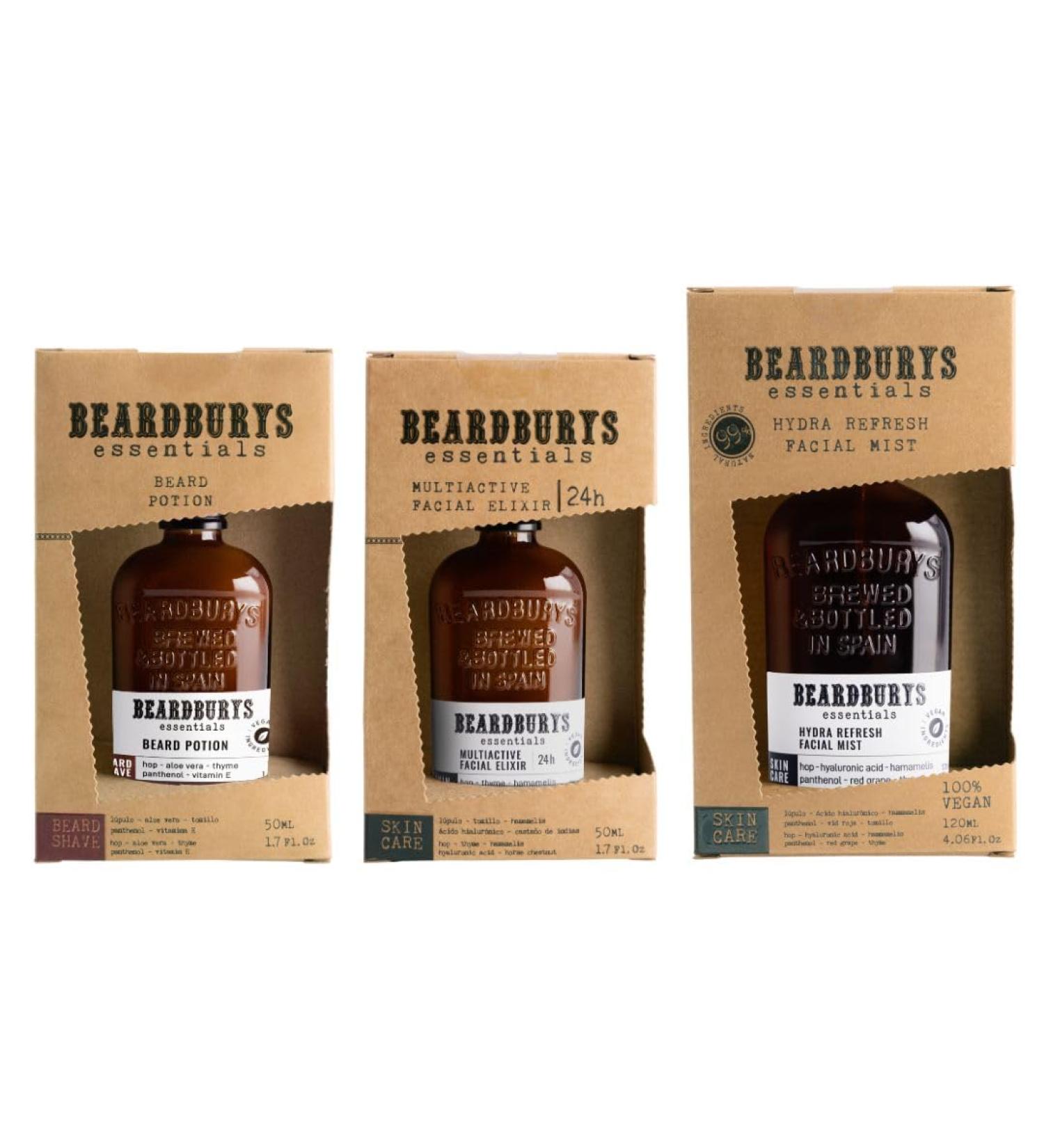 Beardburys Essentials - Men's Facial Care Bundle: Moisturizer + Revitalizing Facial Mist + Beard Conditioner - 24H Hydrated Skin with Hyaluronic Acid and Beard Without