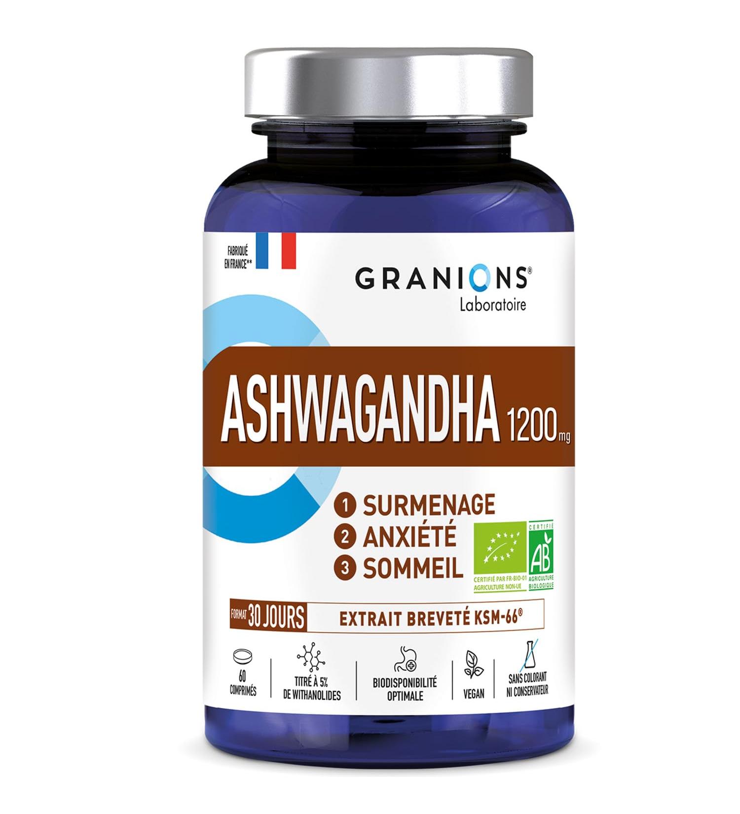 ASHWAGANDHA BIO 1200 MG GRANIONS 30 Jours - Ashwagandha KSM-66 - Anti Stress Adulte Sommeil Adulte - 60 comprim s - Fabriqu en France - Buy Online on GoSupps.com