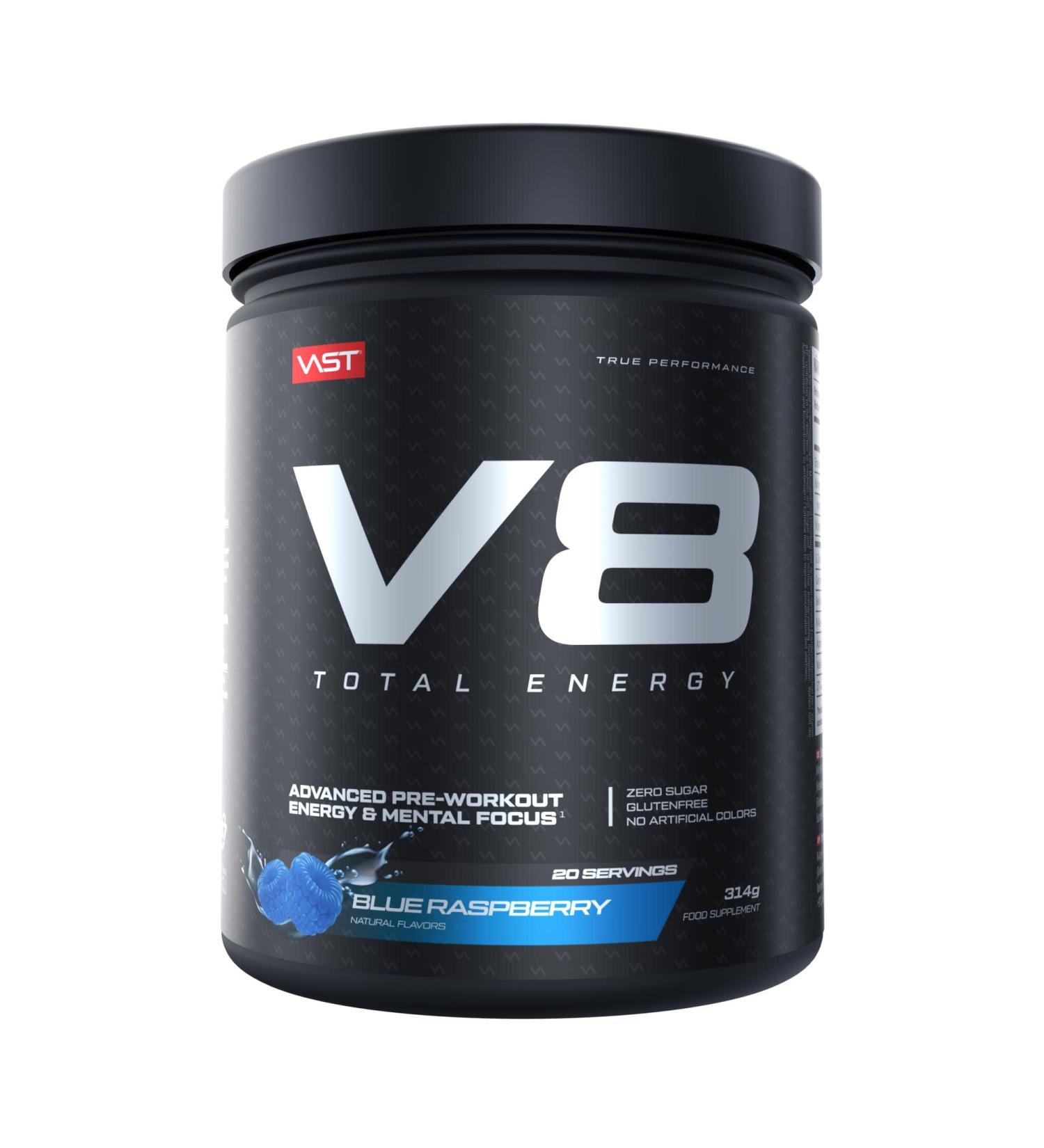 V8 Total Energy Pre Workout Booster | Vegan Sugar-Free Natural Caffeine | 20 Portions | Carnosyn & Betapower | Made in Germany - Blue Raspberry - Buy Online on GoSupps.com