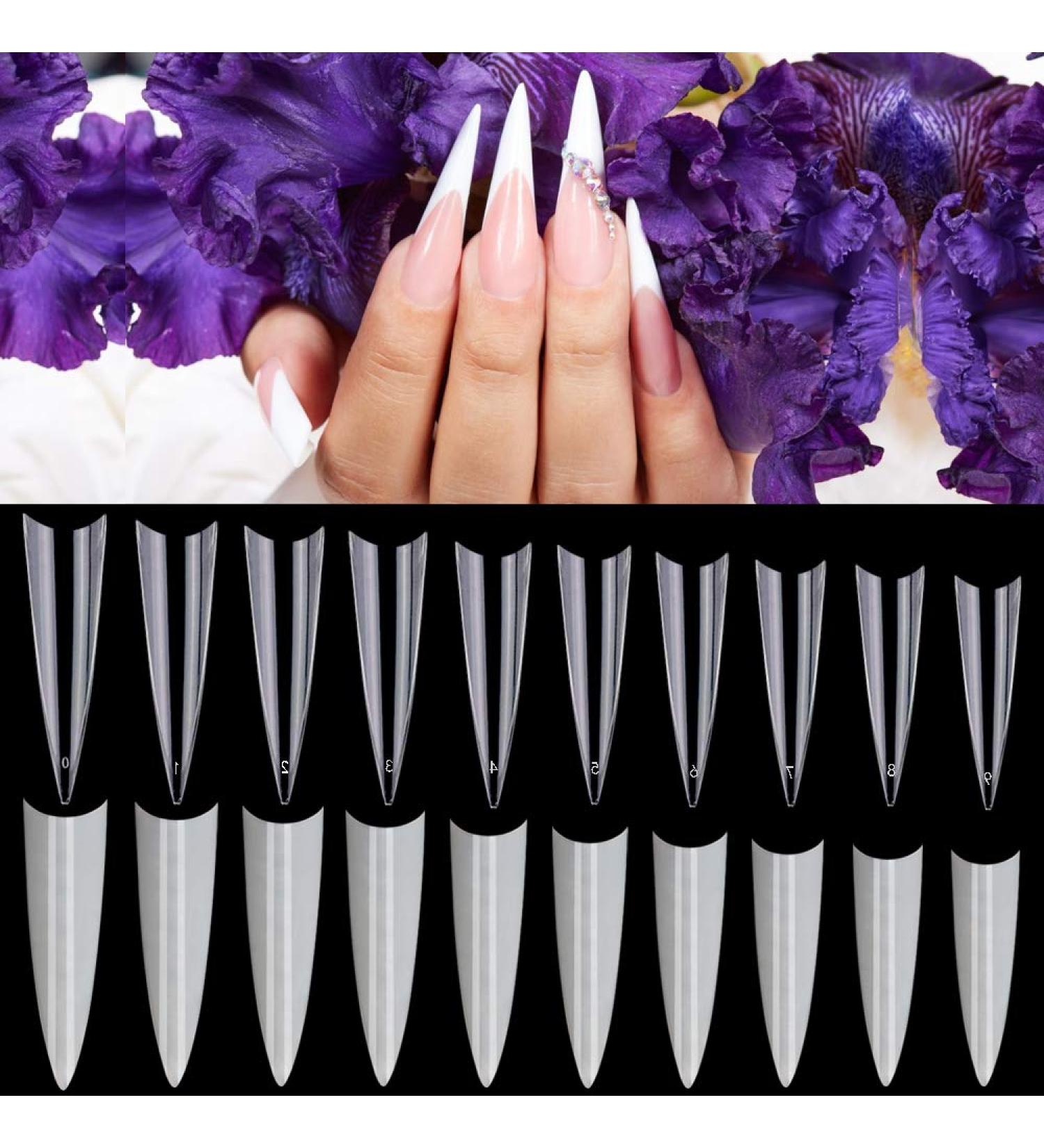 Noverlife 1200PCS C Curved Long Stiletto French False Nail Tips | 10 Sizes Half Cover Acrylic Claw Nails | Nail Art Fingernail Tips for Salon DIY | Clear & Natural - Buy Online on GoSupps.com