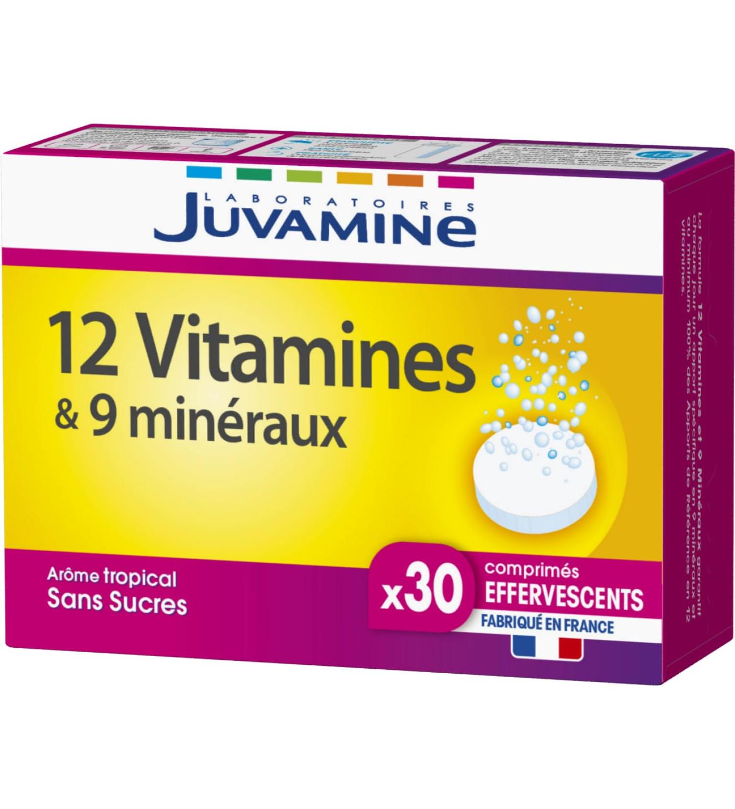 JUVAMINE - 12 Vitamins & 9 Minerals - Fatigue - Stress - Vitamins C B2 B3 B6 B9 and Iron - 30 Day Program - 30 Effervescent Tablets - Tropical Flavor - Made in France - Buy Online on GoSupps.com