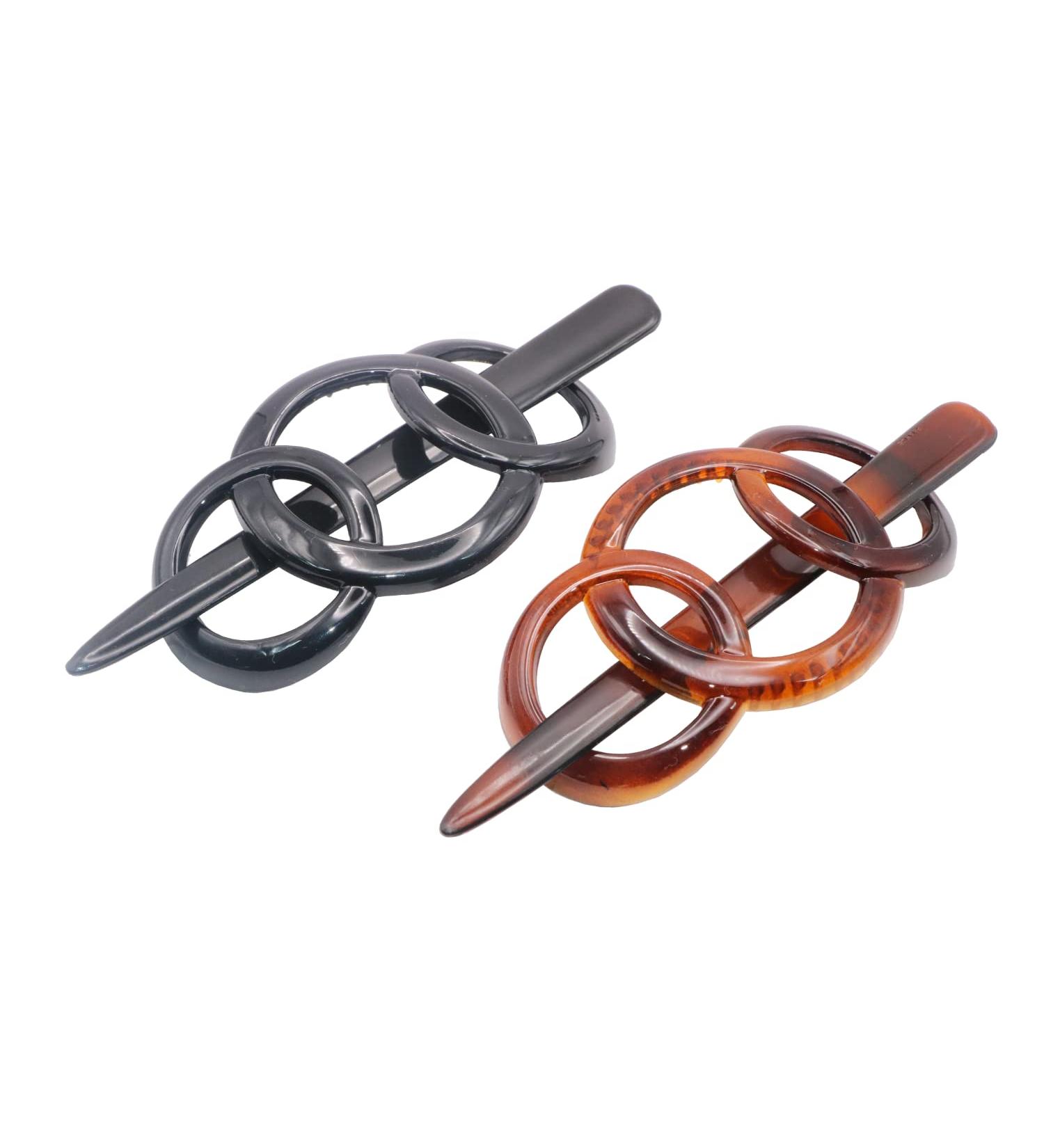 Parcelona French Triple Ringed Tortoise Shell Brown & Glossy Black Hair Slider Pin Ponytail Holder Barrette Set - 2 Pieces - Buy Online on GoSupps.com