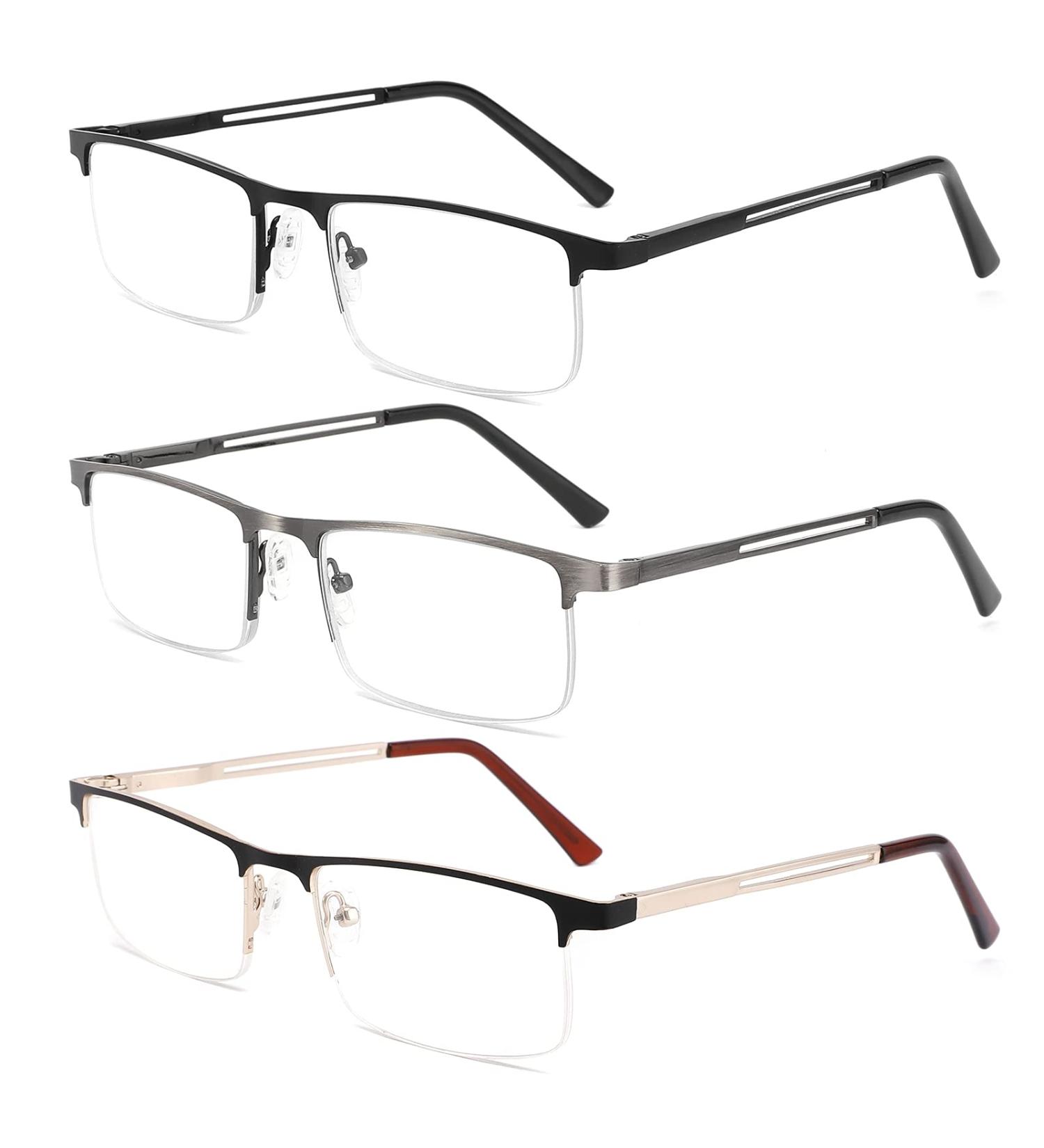 HOTJOJO 3 Pack Blue Light Blocking Reading Glasses for Men - Metal Frame Rectangle Computer Readers - 3 Colors, +1.50 Magnification (Black Gold Metalgun) - 3 Pack - Buy Online on GoSupps.com