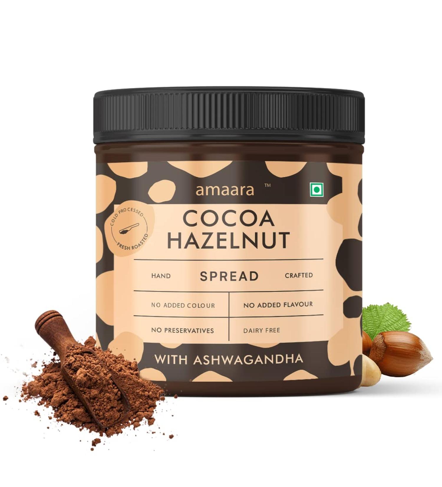 Amaara's Cocoa Hazelnut Spread | Infused with Ashwagandha | Creamy & Healthy chocolate for Bread Waffles Baking | Nutrients rich | Vegan | 100% Vegetarian | No refined sugar | 220g (7.7oz) - Buy Online on GoSupps.com