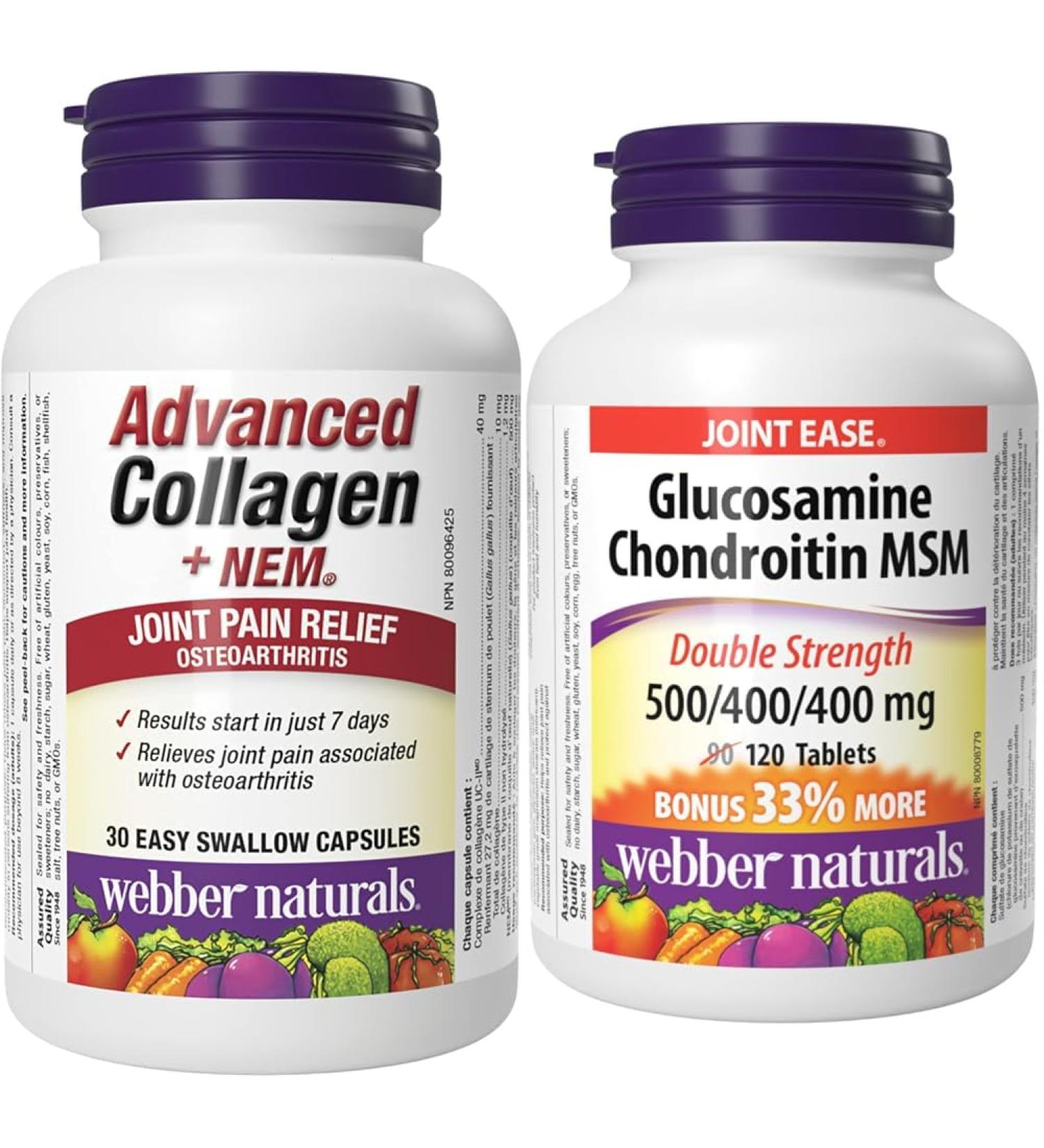 Webber Naturals Advanced Collagen with Natural Eggshell Membrane (NEM) & Glucosamine Chondroitin MSM Double Strength 120 Tablets Helps Relieve Joint Pain Associated with Osteoarthritis - Buy Online on GoSupps.com