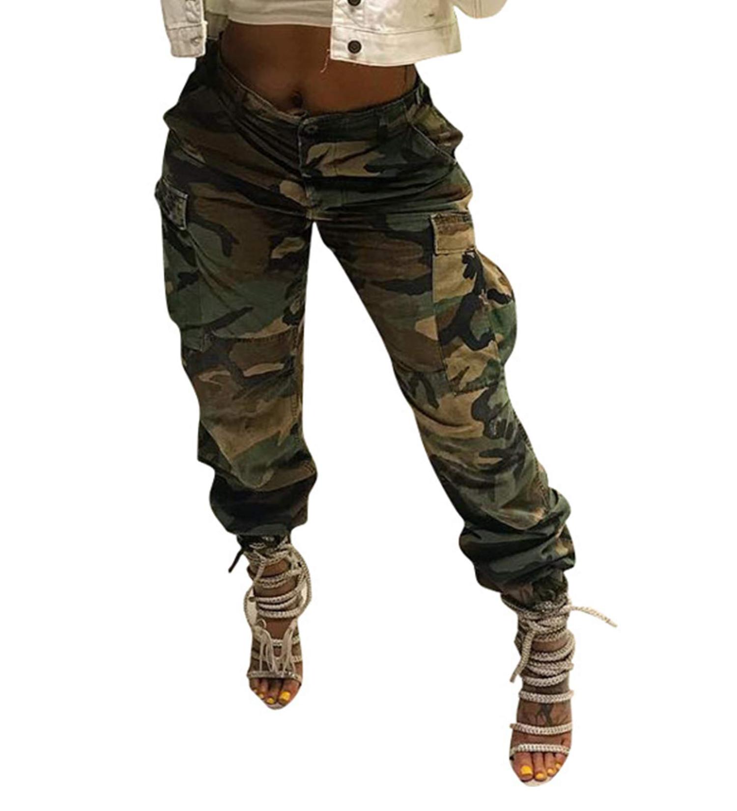 Vakkest Women's High Waist Cargo Camo Pants | Slim Fit Camouflage Joggers with Belt | Army Green XX-Large - Buy Online on GoSupps.com