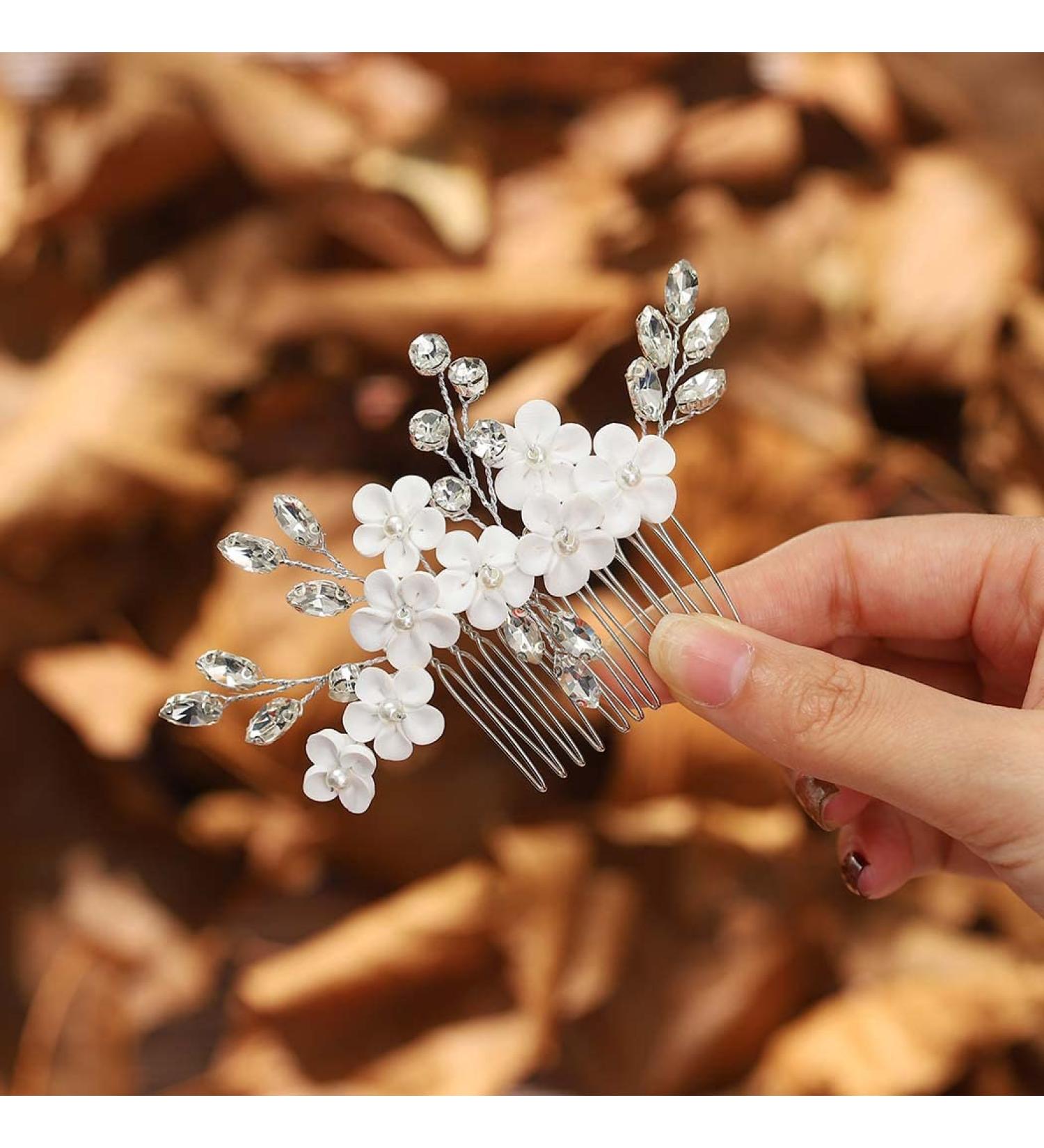 Catery Silver Bridal Hair Comb with Crystal Headpiece and White Flower - Bride Wedding Hair Accessory for Women and Girls - Buy Online on GoSupps.com